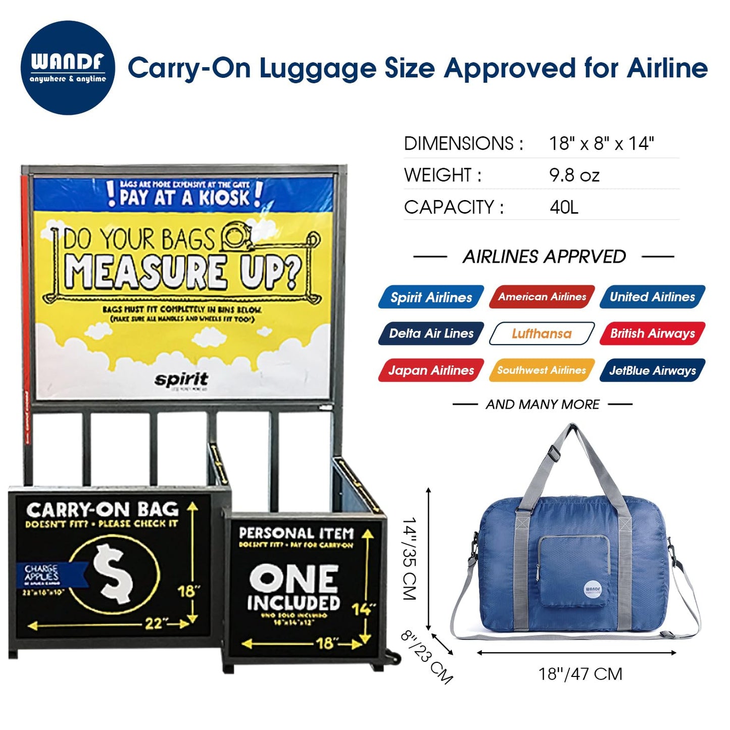 WANDF Foldable Travel Duffel Bag Luggage Sports Gym Water Resistant Nylon (Navy Blue)