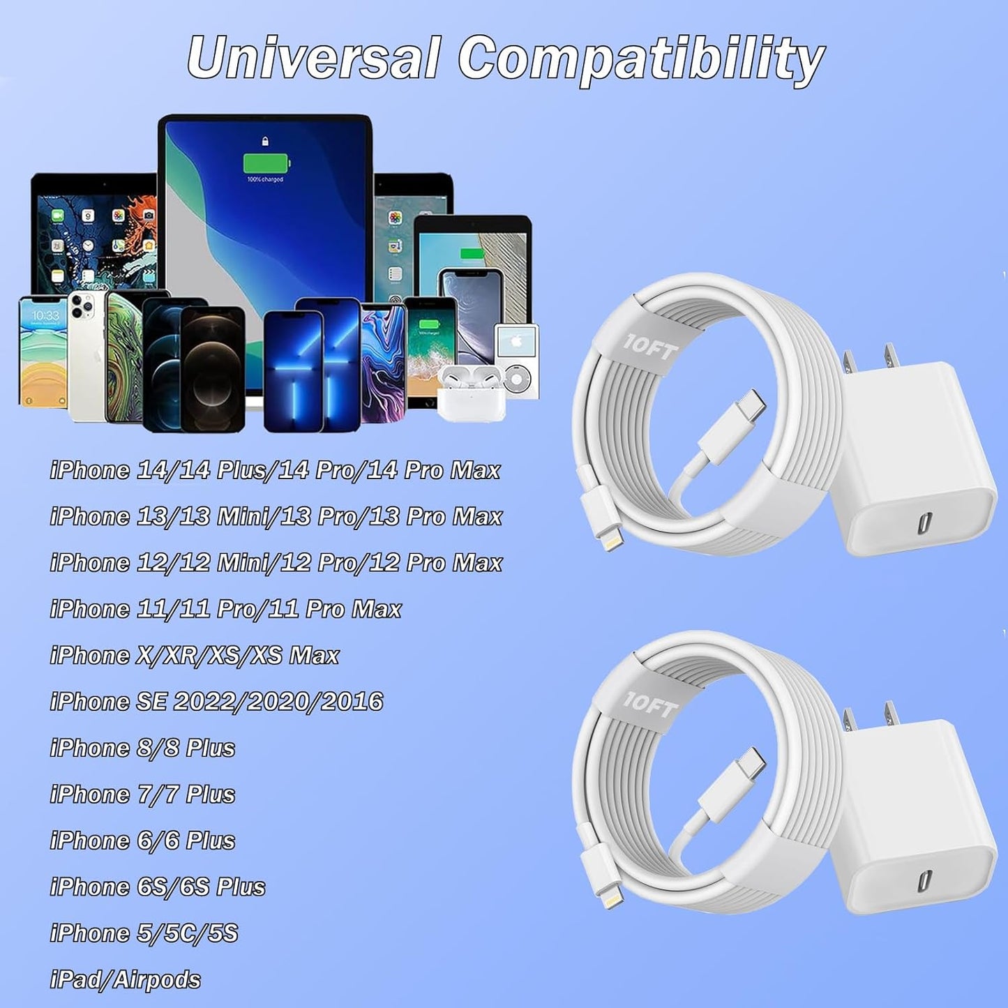 For iPhone Fast Charger, [Apple MFi Certified] 2 Pack PD USB C Wall Charger Block Plug with 10FT Extra Long USB C to Lightning Fast Charging Data Sync Cable for iPhone 14 13 12 11 XR X 8 iPad and More