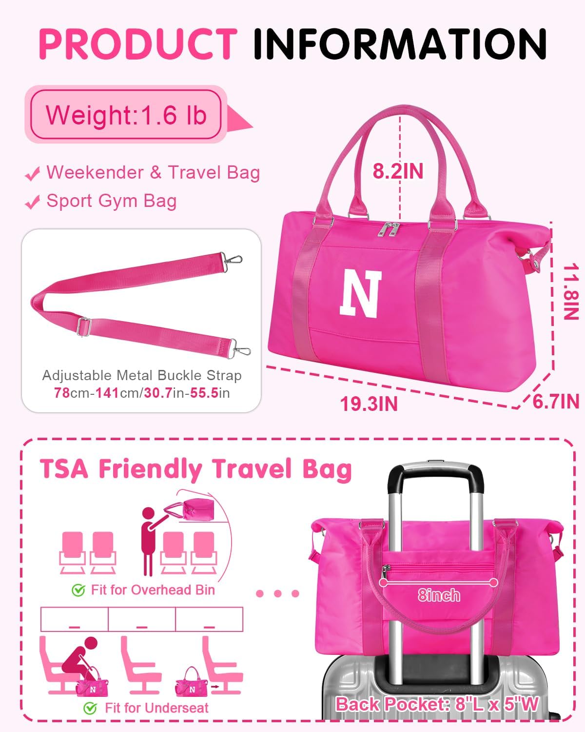Overnight Bag for Kids Teen Girls Weekender Dance Bag Birthday Graduation Gifts,Initial Travel Duffel Bag Sports Gym Bag Personalized Weekender Bag Carry On Bags Preppy Gifts for Women(Hot Pink, N)