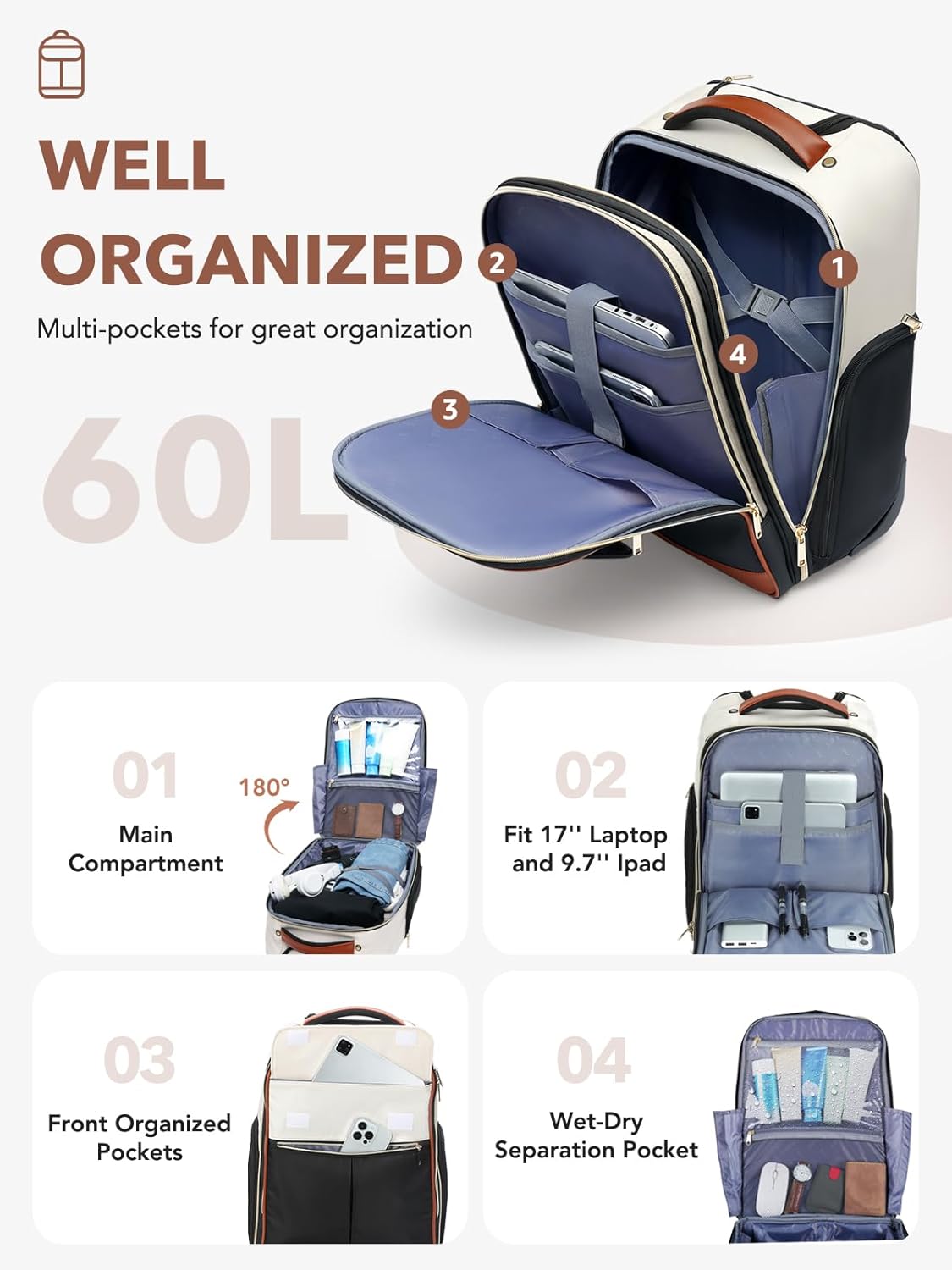 Rolling Backpack for Women, 22 Inch Carry on Luggage Suitcase Flight Approved, X Large Roller Travel Laptop Backpack with Wheels for Overnight Weekender Bussiness Work (Beige,XL Carry on Size)