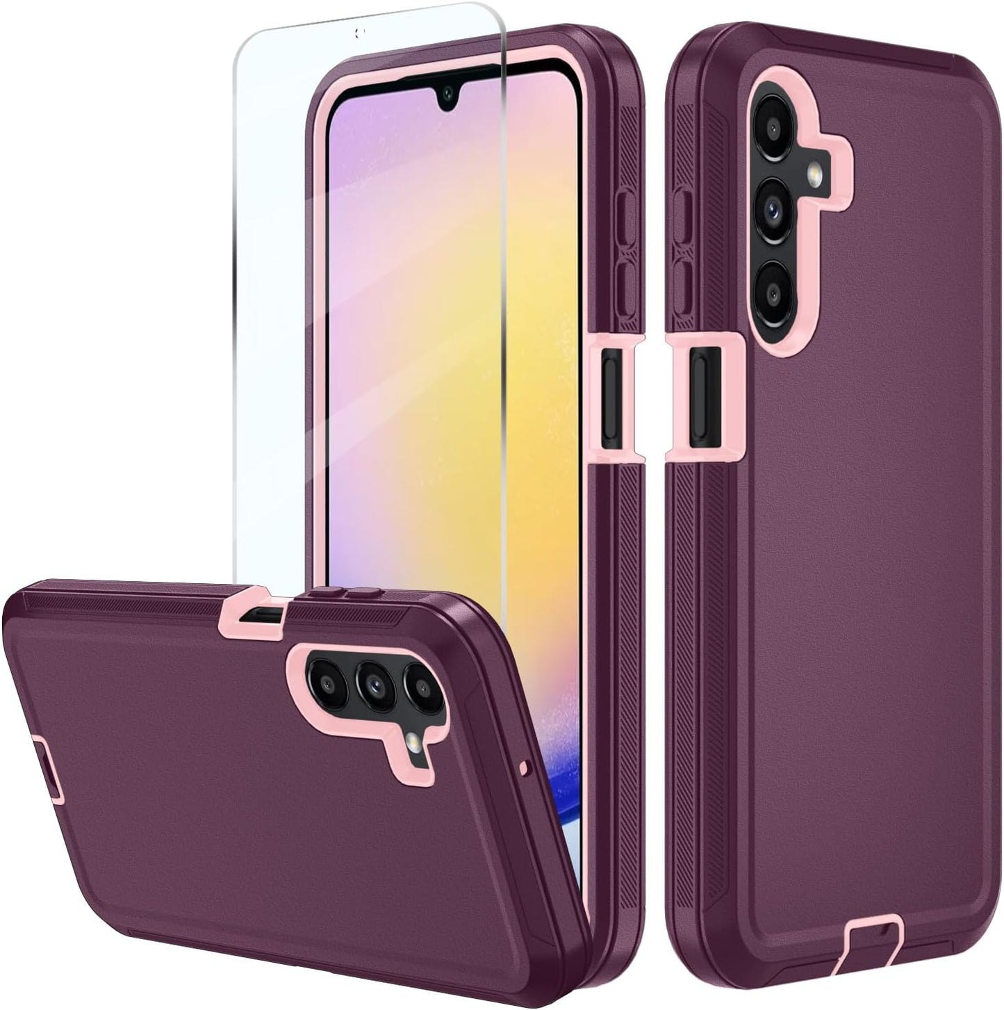 for Samsung Galaxy A17 5G case,A16 5G Heavy Duty case,with A Tempered Glass Screen Protector, [Military Grade Protective ] [Shockproof] [Dropproof] [Dust-Proof] (with Belt Clip-WineRed/Pink)