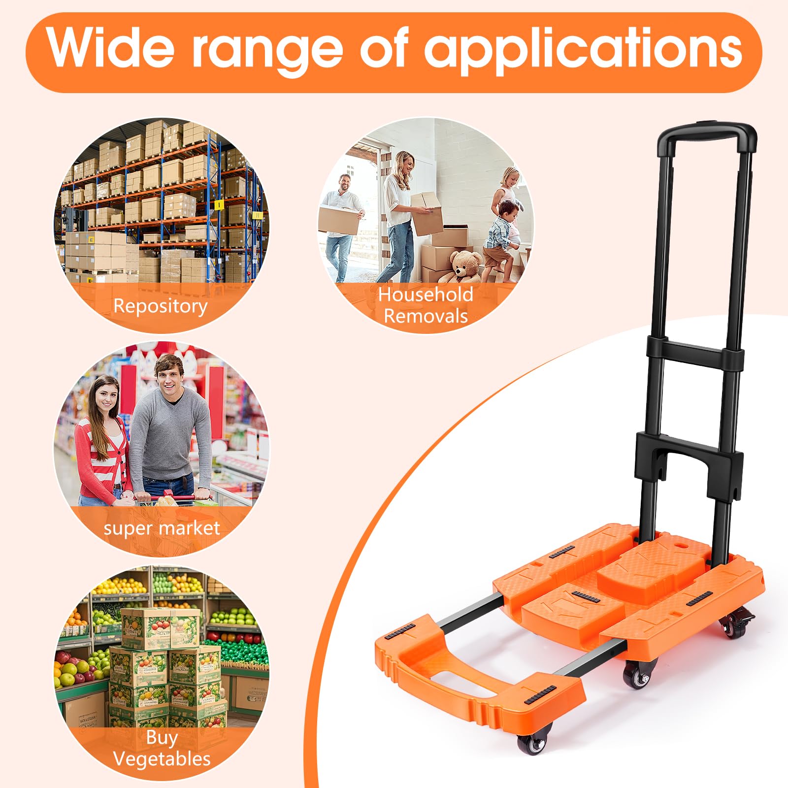 Voipvvii Folding Hand Truck500lbs, Portable Heavy Duty Dolly Cart, 6 Wheels Collapsible Luggage