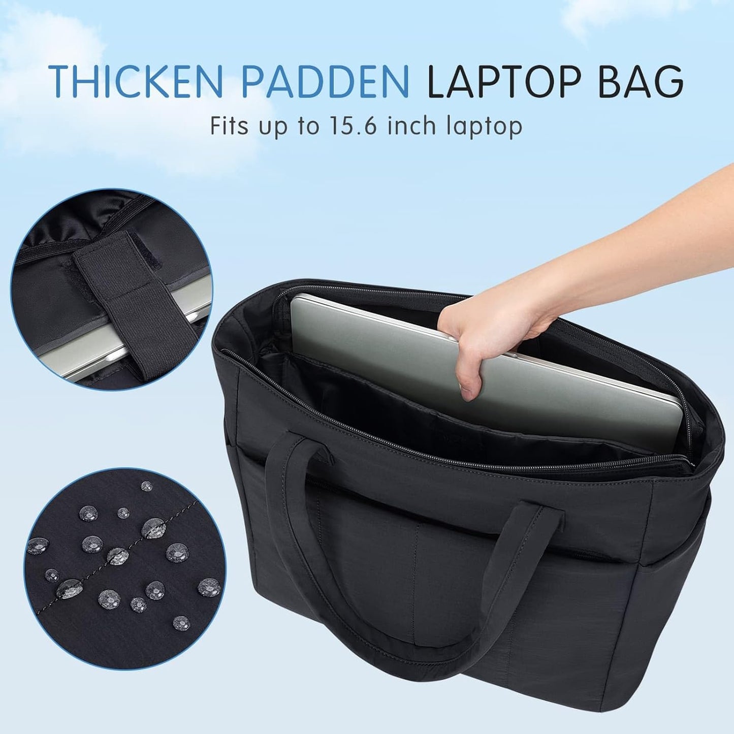 Tote Bag for Women, 15.6 Inch Waterproof Lightweight Puffer Computer Travel Work Tote Bag with Strap Teacher Nurse Laptop Briefcase Shoulder Bag, Black