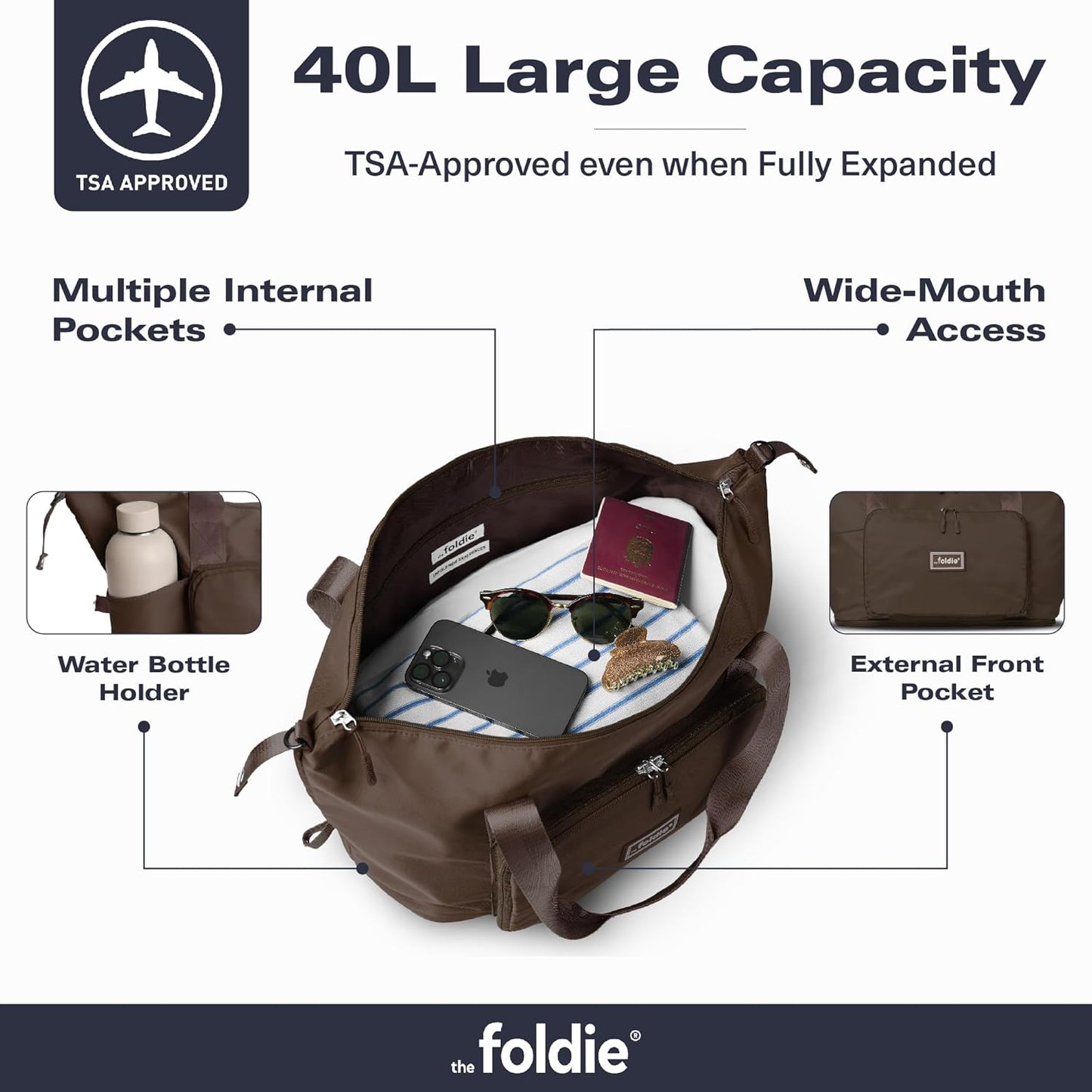 The Foldie Foldable Travel Bag for Women - 40L Weekender Bag with Multiple Pockets - Carry On Expendable Travel Bag