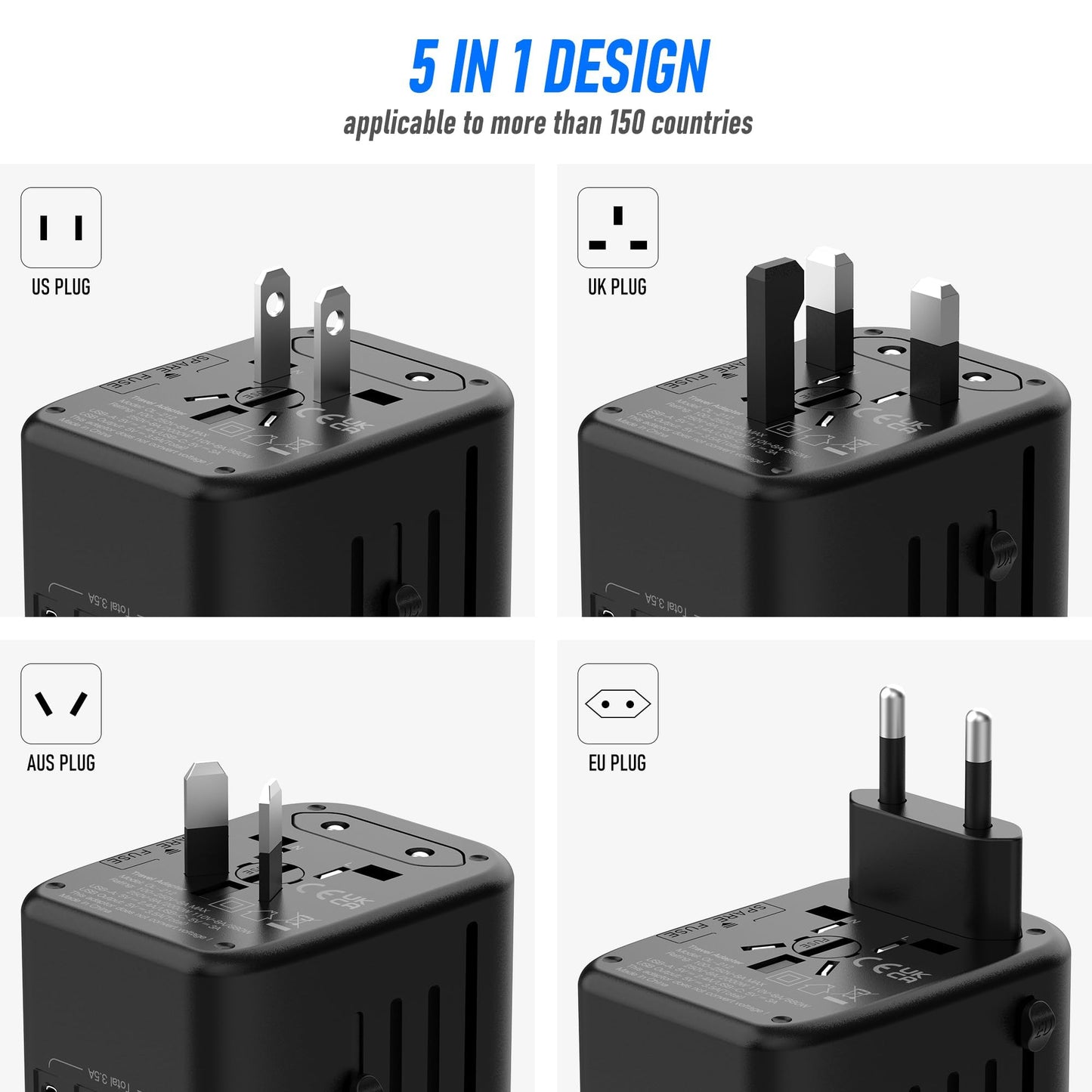 VYLEE Universal Travel Adapter, 5 in 1 International Power Adapter
