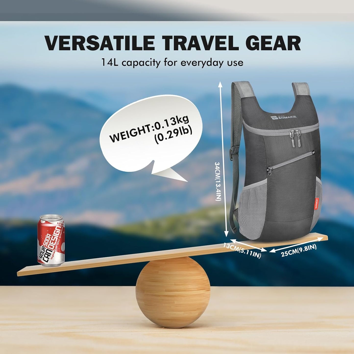 ZOMAKE Lightweight Packable Backpack 14L, Foldable Backpacks Small Daypack Hiking Daypacks Water Resistant Day Bag for Travel(Medium Grey)