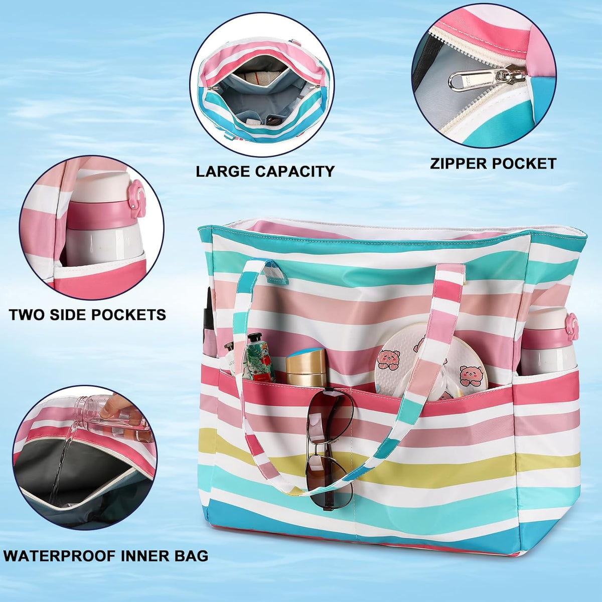 LEDAOU Beach Bag Waterproof Sandproof Women Tote Bag Pool Bag with Zipper for Gym Grocery Travel