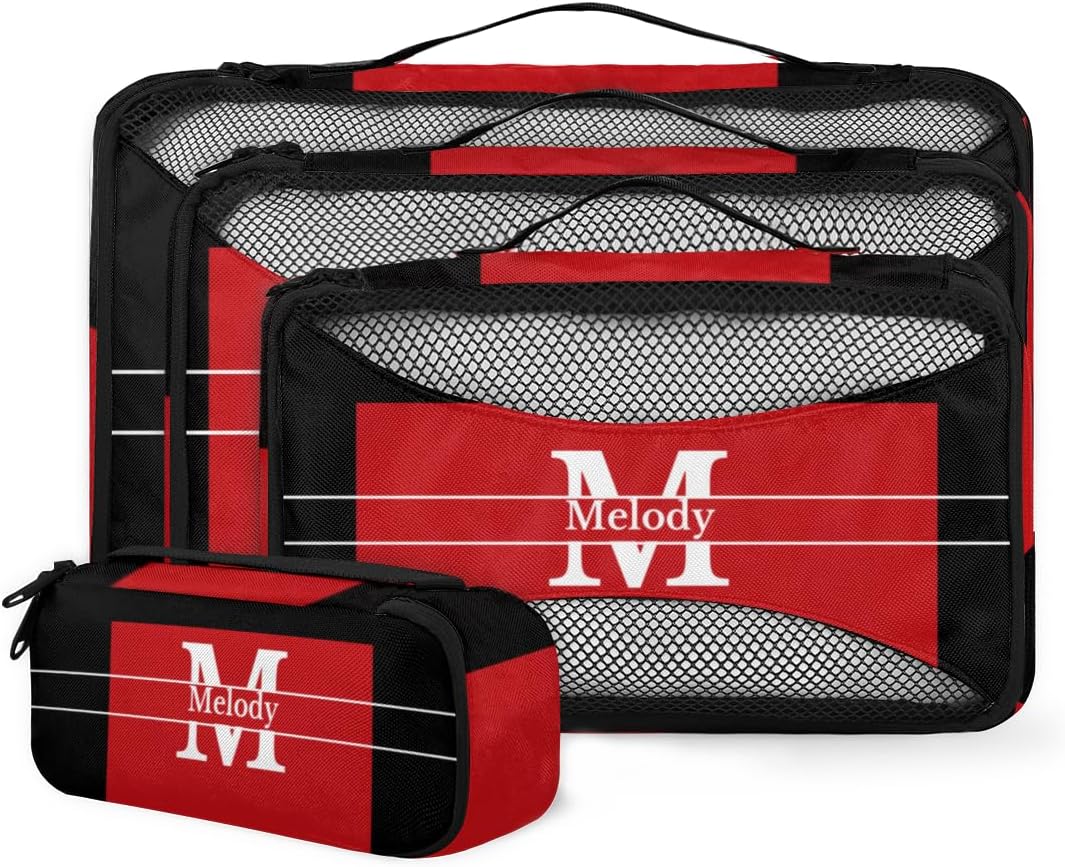 4pc Personalized Name Packing Cubes for Travel - Luggage Packing Organizers - Travel Packing Cubes for Suitcases, Red with Black, Initial Letter
