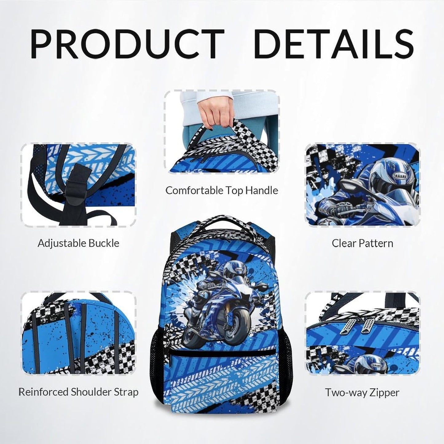 Boy Backpack, Motorcycle Backpacks for Kids, 17" Sports Bookbag for Preschool Kindergarten Elementary, Back to School Gifts