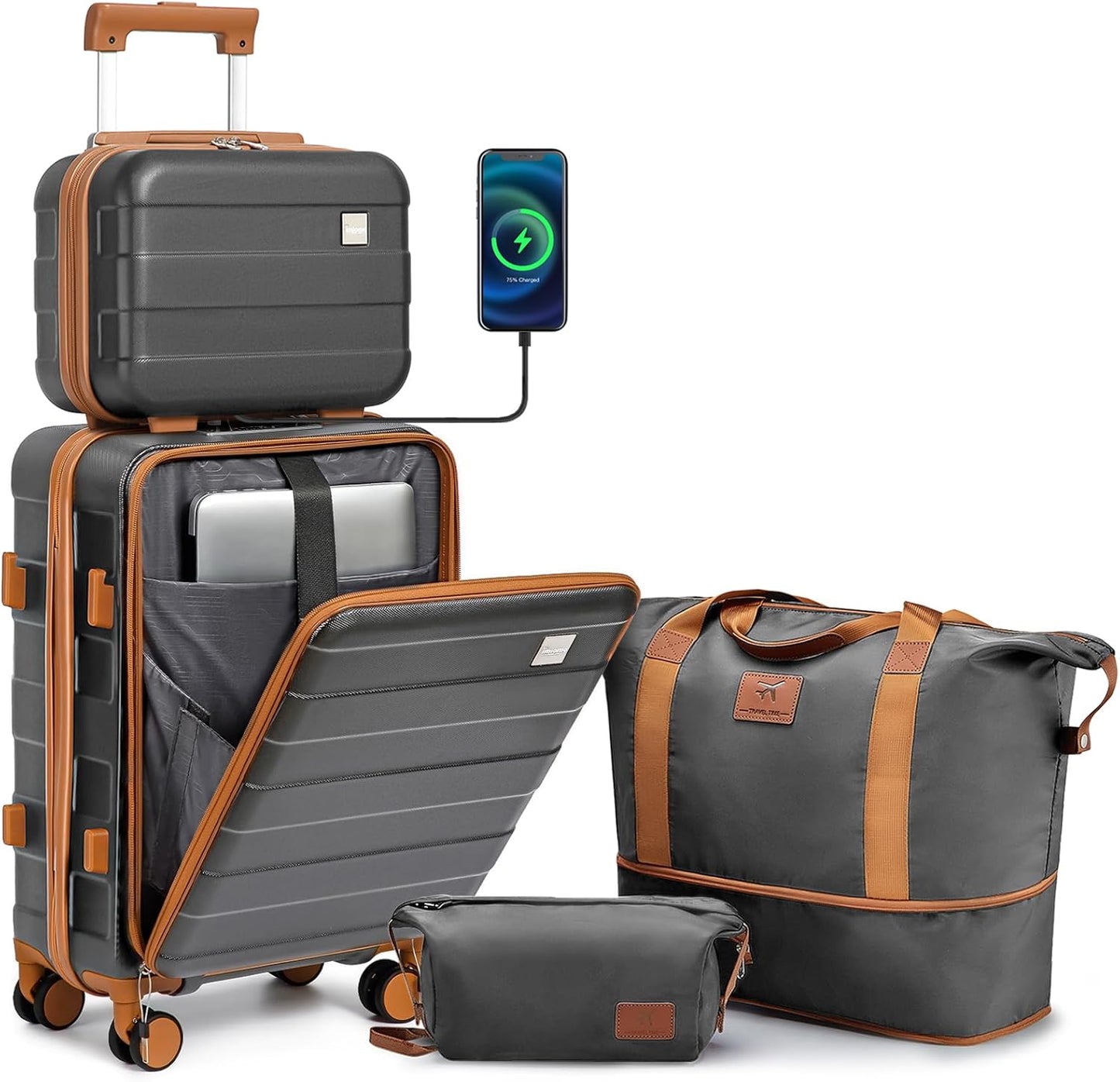 imiomo Carry on Luggage Airline Approved, Lightweight Hard Shell Carry-on Suitcase, 20 Inch Travel Luggage with Spinner Wheels and USB Port, Grey Brown