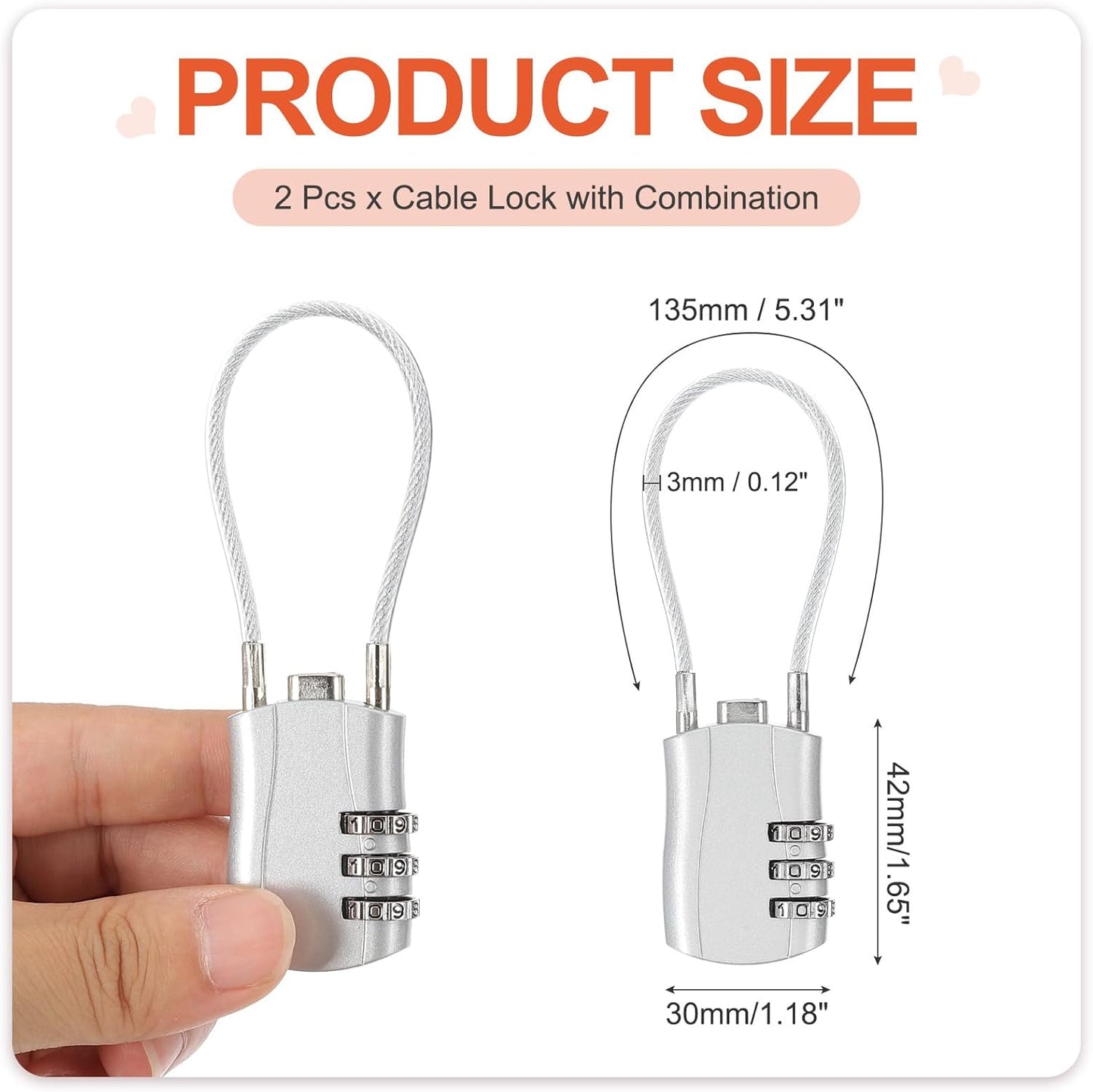 MECCANIXITY 2 Pcs Luggage Travel Lock, 3 Digit Cable Combination Lock 1-3/16" Width Body with 5"