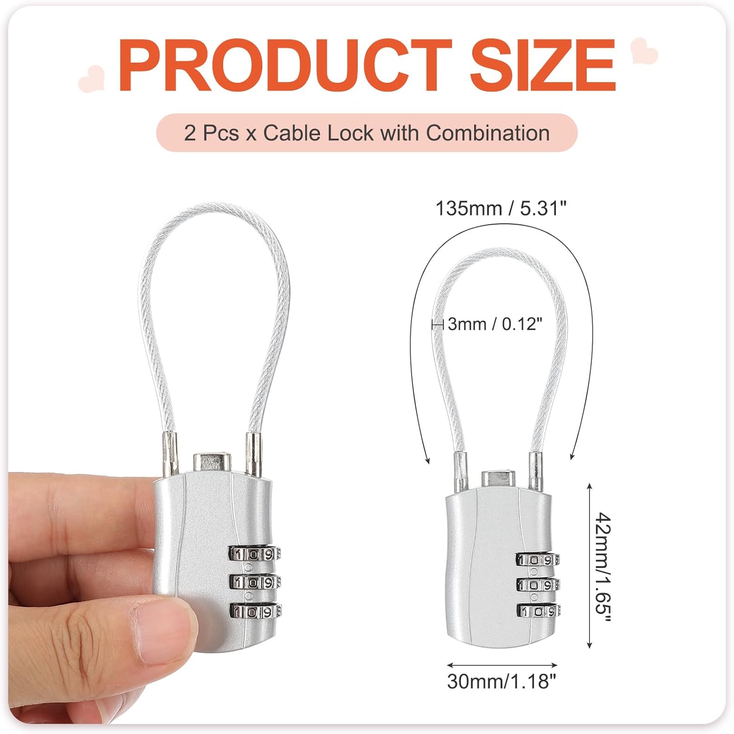MECCANIXITY 2 Pcs Luggage Travel Lock, 3 Digit Cable Combination Lock 1-3/16" Width Body with 5"