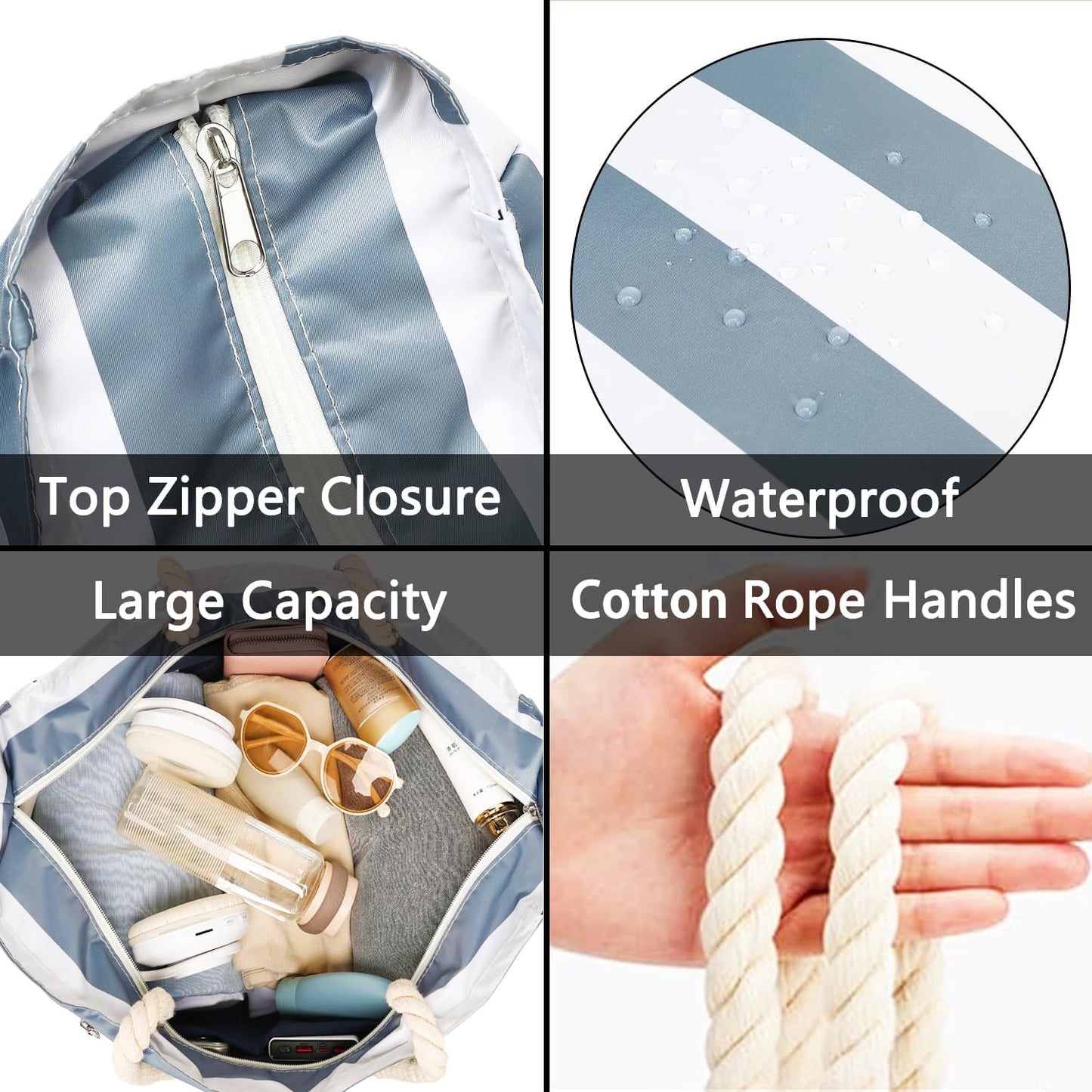 Large Beach Bag for Women, Waterproof Travel Tote Bag with Lunch/Wet Pocket for Weekender, Sandproof, Zipper Closure