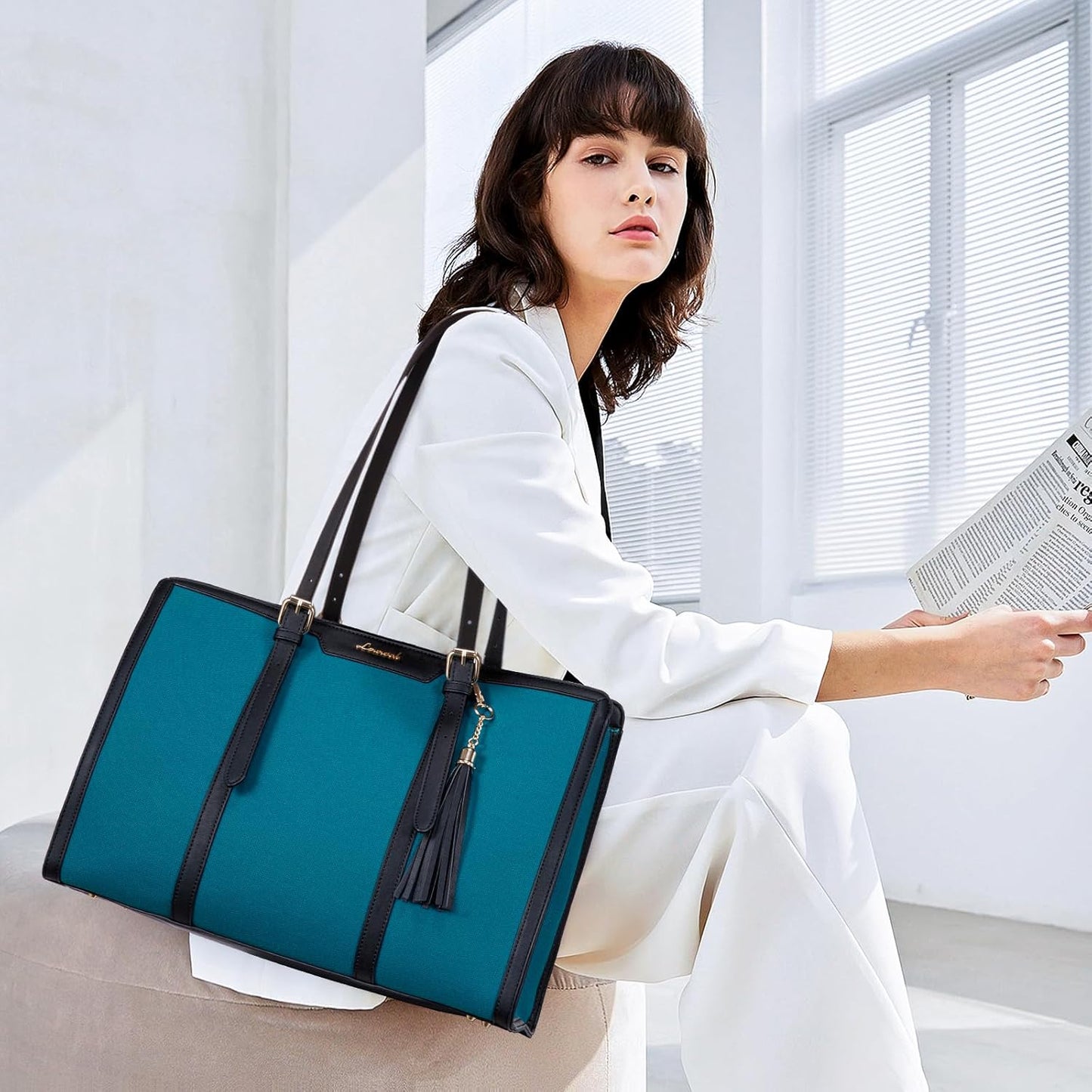 LOVEVOOK Laptop Bag for Women - 15.6 inch Lightweight Canvas Laptop Tote, Large Capacity Computer Bag with Clutch Purse for Business, Work, Travel, School, Casual (Black & Blue, 15.6 Inch)