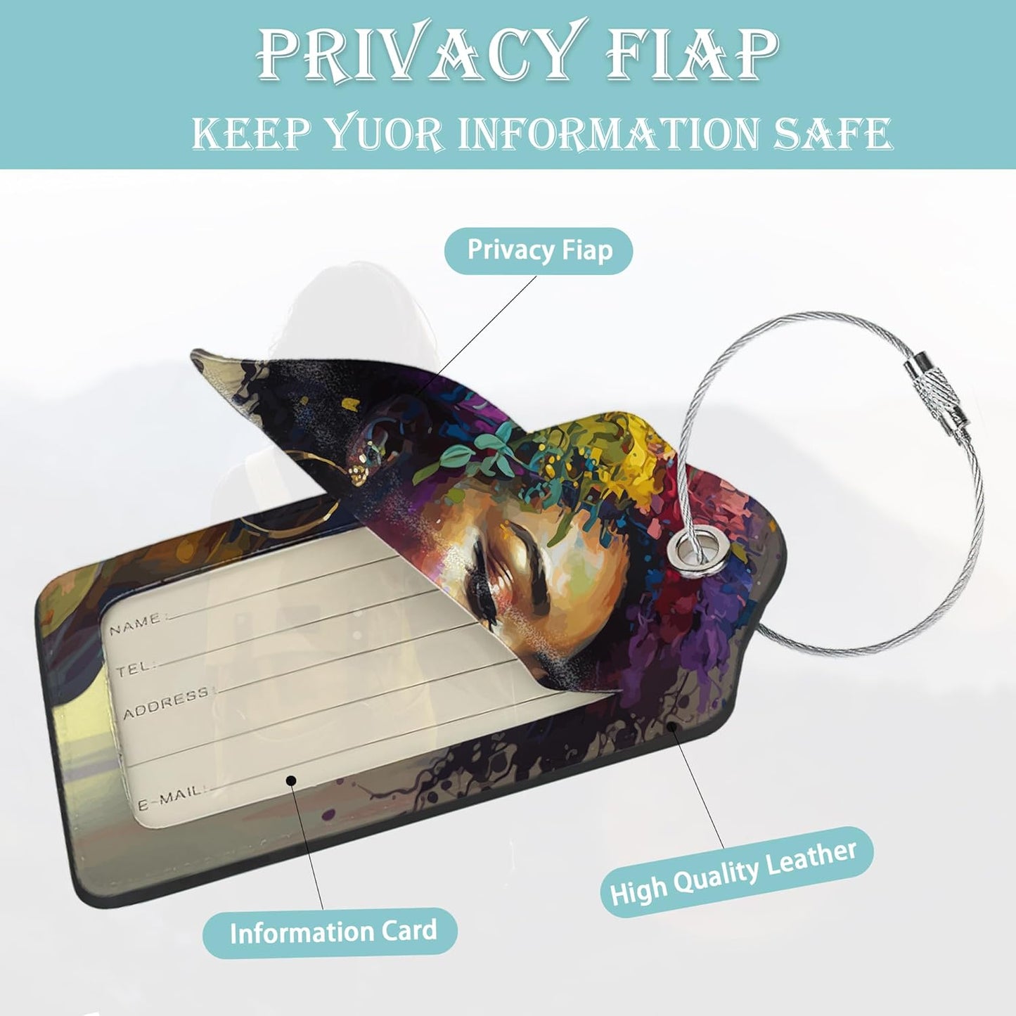 Luggage Tags for Suitcase,2 Pack African Girl Flowers Luggage Tag PU Leather Privacy Cover ID Label with Stainless Steel Loop for Women Men Teens Travel