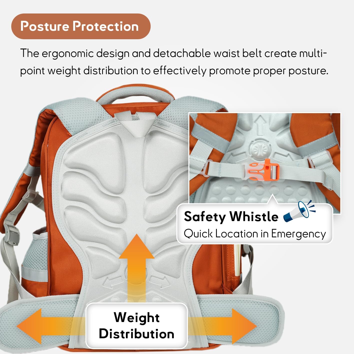 Kids Backpack for Kids, Lightweight Waterproof Orange White Backpack for School, Kindergarten Elementary School Students Boys & Girls Backpack with Safety Whistle and Includes a Detachable Waist Belt