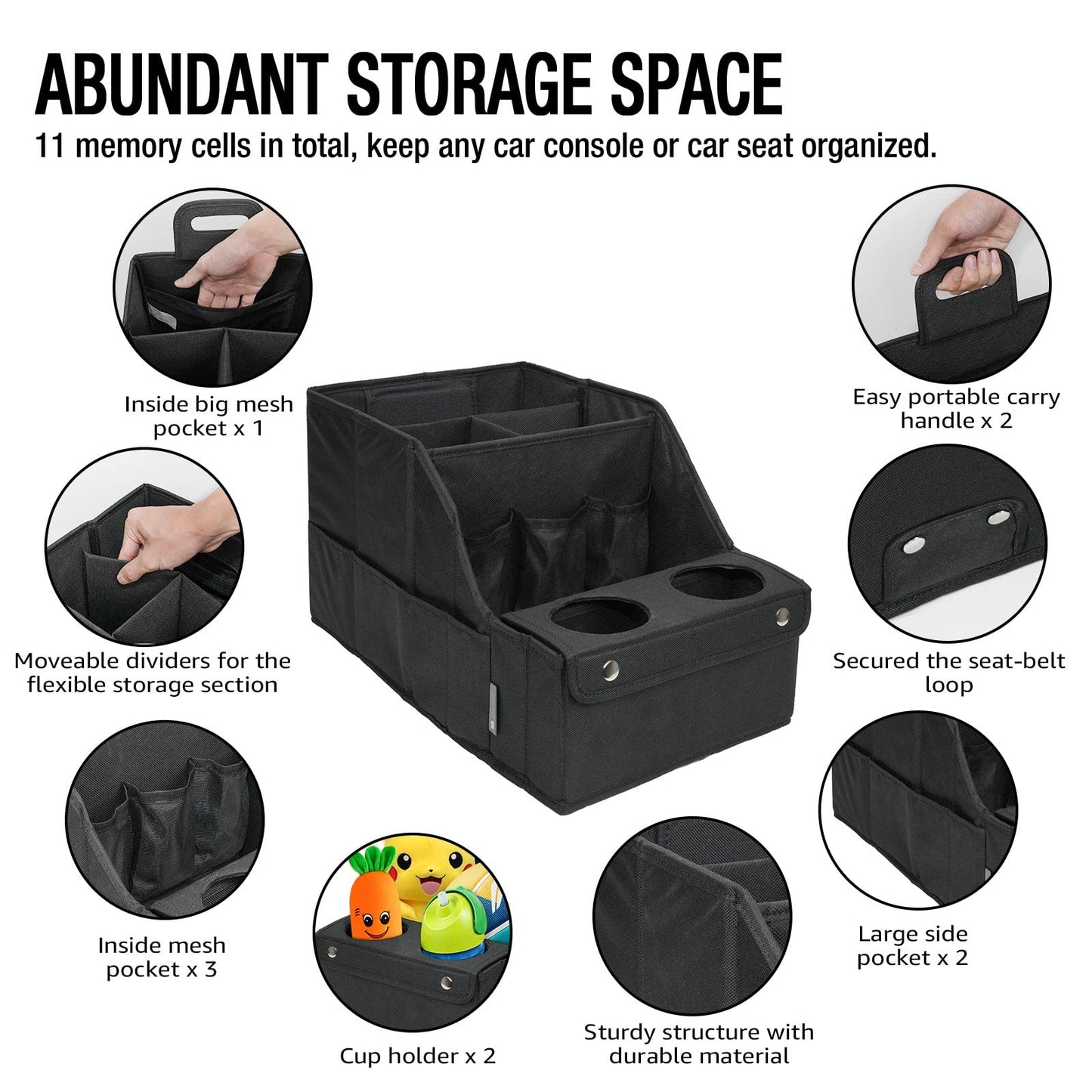 MULISOFT Car Backseat Organizer with 11 Compartments & 2 Cup Holders, Black