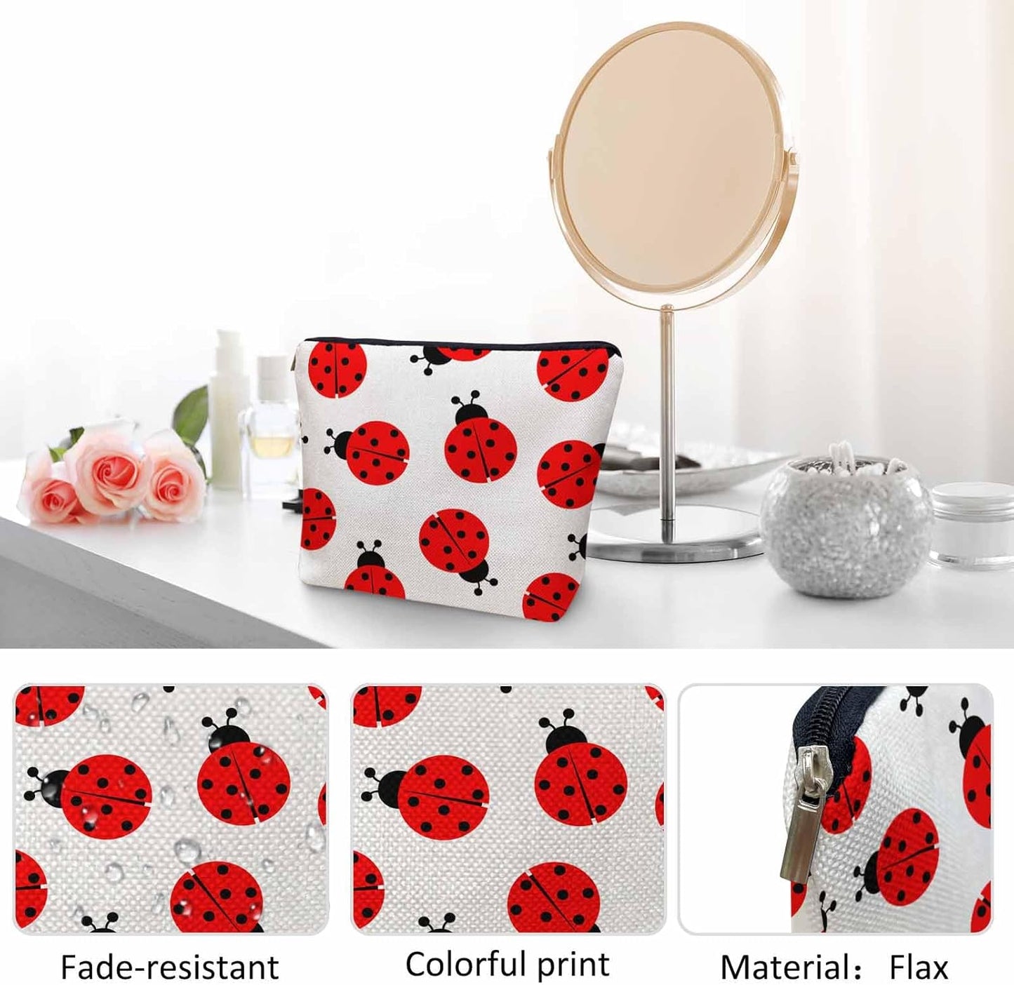 Ladybug Cosmetic Bags For Women, Nature Animal Ladybug Roomy Makeup Bag Toiletry Bag Accessories Organizer Storage Bags Makeup Pouch For Travel Business Gym Camping Bathroom Red