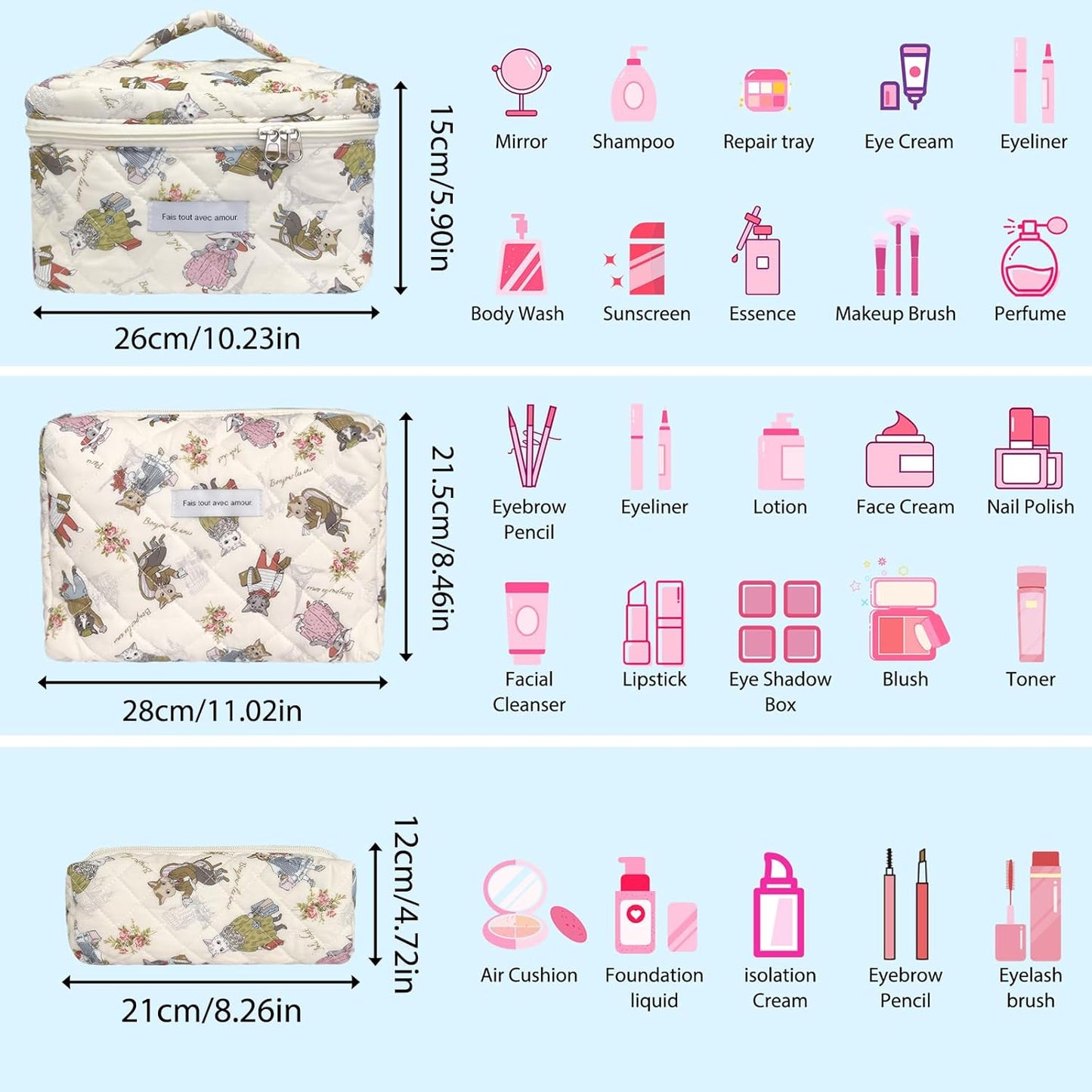 Quilted Makeup Bag, Large Capacity Travel Cosmetic Bag for Women and Girls, Aesthetic Storage for Daily and Travel Use (3pcs-catanimalprint, Pink Bow)