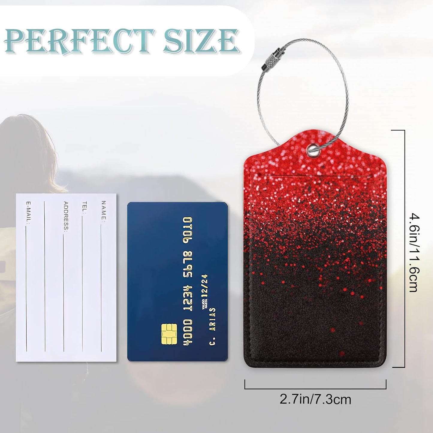 Red 2 Pack Luggage Tag for Suitcases Red Black Glitter PU Leather Bag Travel Suitcase ID Identifier Baggage Tags for Women Men Travel