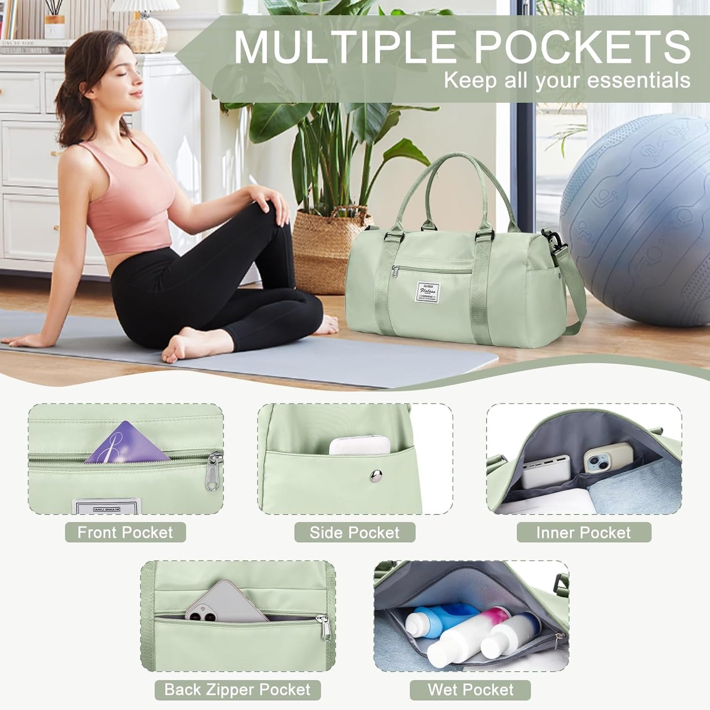 Gym Bag for Women Men with Shoes Compartment,Sports Duffle Bags Personal item travel Duffel Tote Bag Small Carry on Weekender Overnight Bag Workout Dance Bags Hospital Holdalls Grass Green