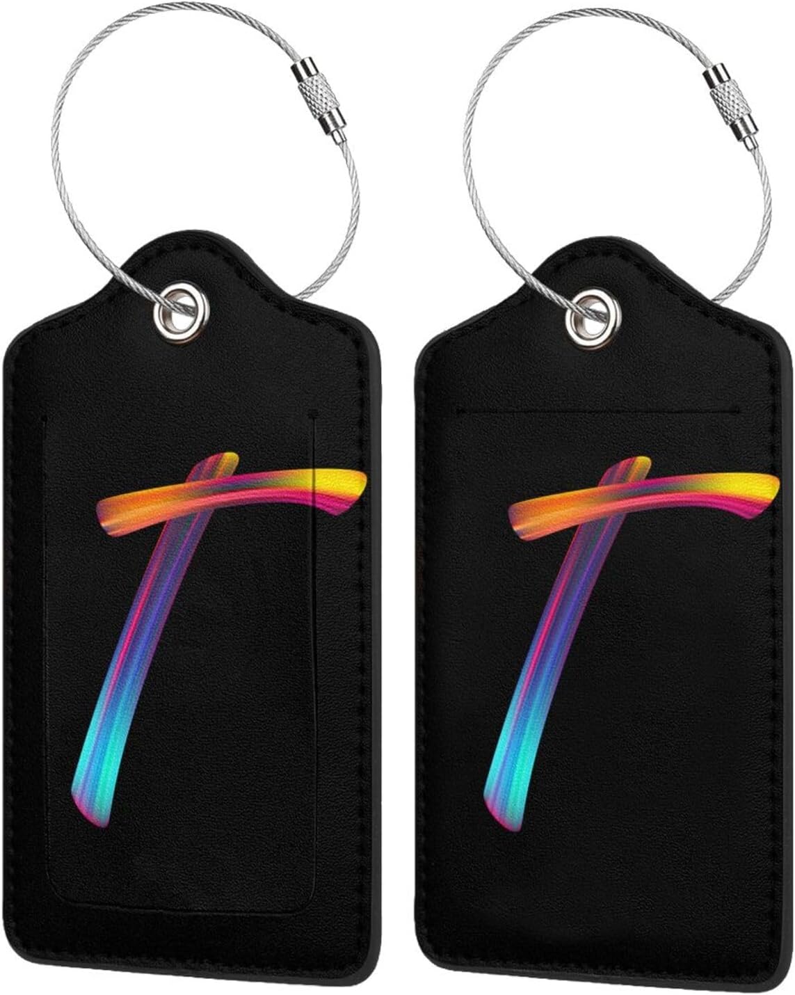 2 Pack Initial Luggage Tags for Suitcase, Colorful Letter Design Cruise Name Bag Tags, Novelty Baggage Identifiers with Full Privacy Cover, Leather ID Label for Women Men Kids Travel, Rainbow Letter T