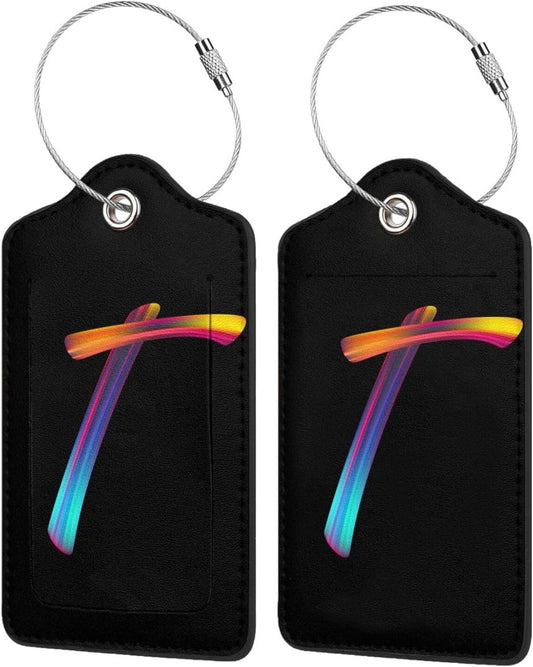 2 Pack Initial Luggage Tags for Suitcase, Colorful Letter Design Cruise Name Bag Tags, Novelty Baggage Identifiers with Full Privacy Cover, Leather ID Label for Women Men Kids Travel, Rainbow Letter T