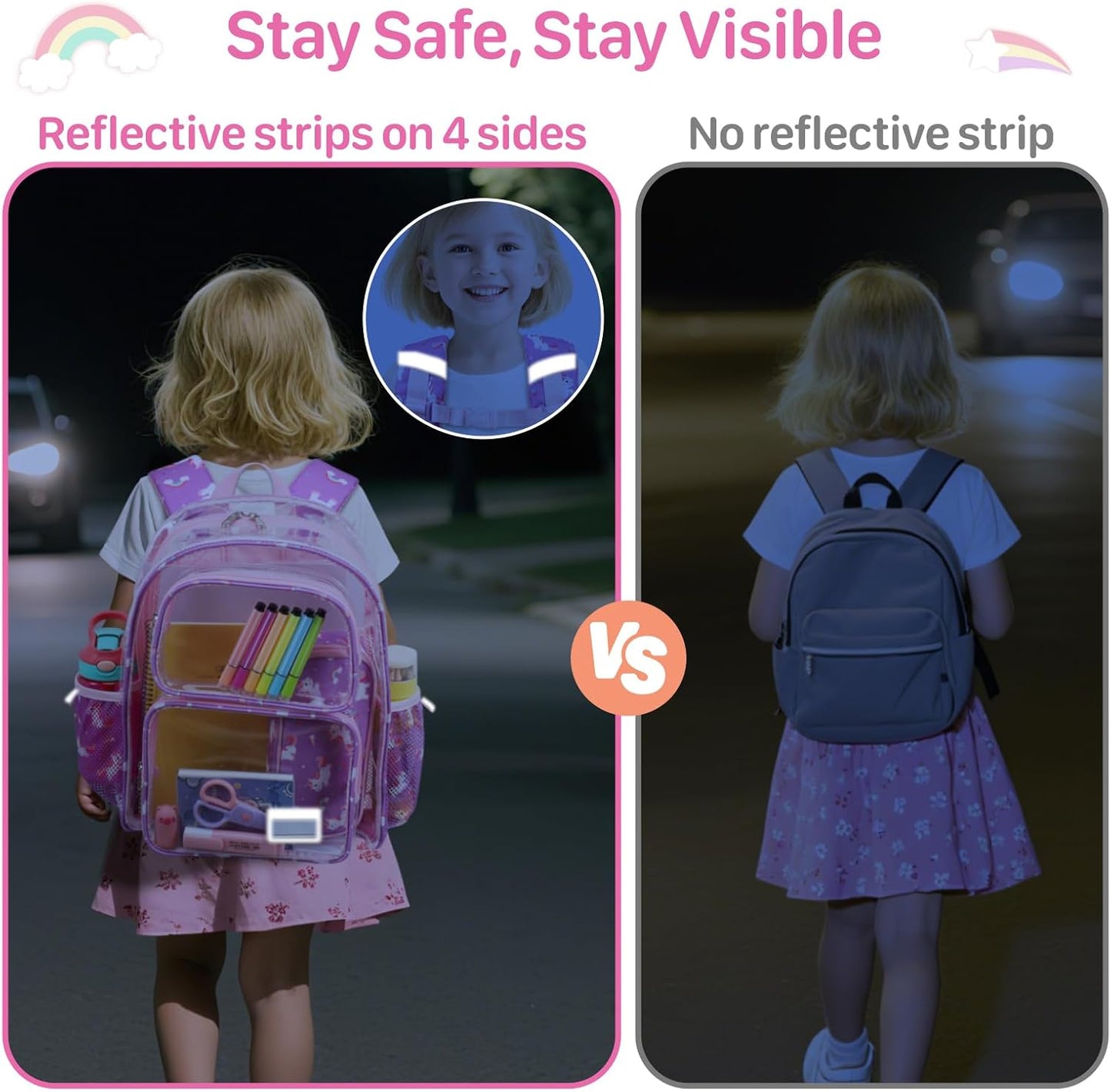 Bagseri Kids Clear Backpack Girls - 15 Inch Clear Bookbag for Kids Aged 3 to 8 Heavy Duty Transparent Backpack for School, Cute See Through Bag with Reflective Strip, Purple Unicorn