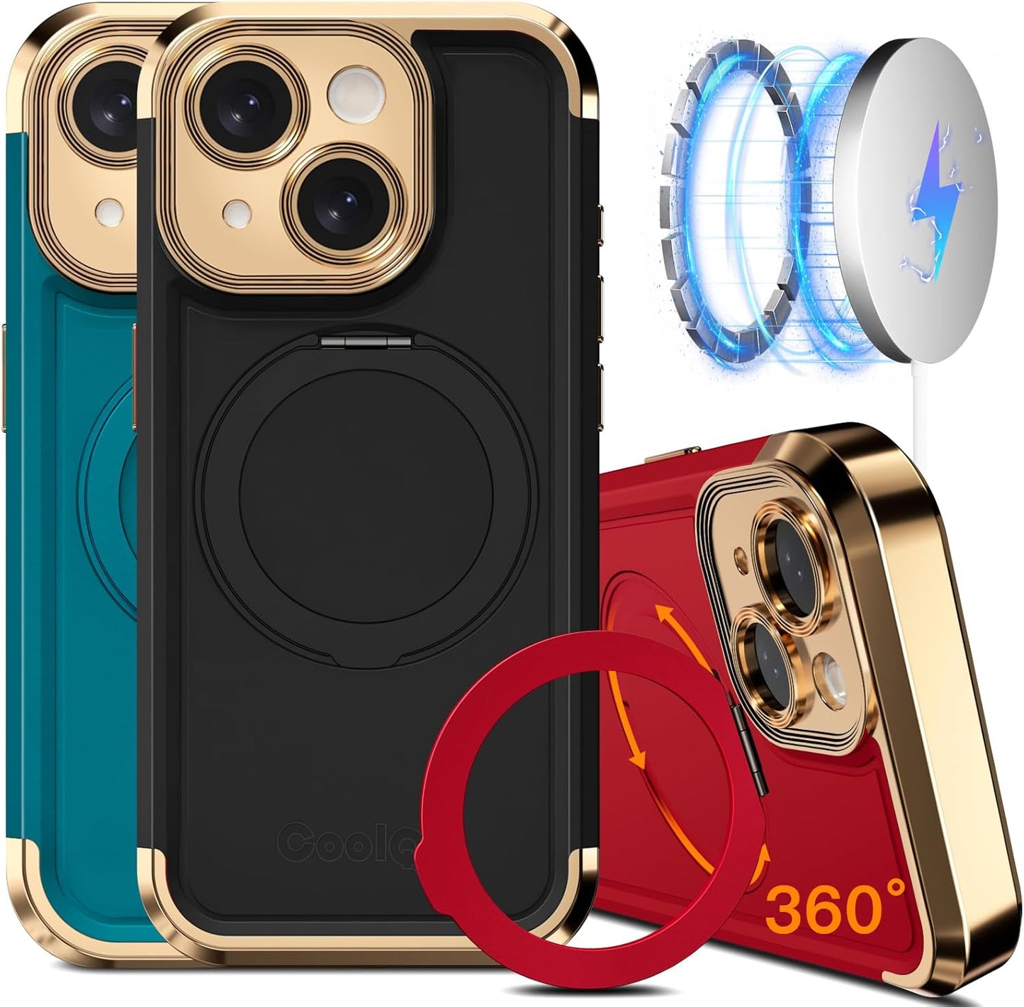 COOLQO for iPhone 15 Plus Case 6.7'' Upgraded 360° Spin Magnetic Stand [Compatible with Magsafe][Military Protection] Shockproof Protective Phone Holder Cover for iPhone 15 Plus, Black Gold
