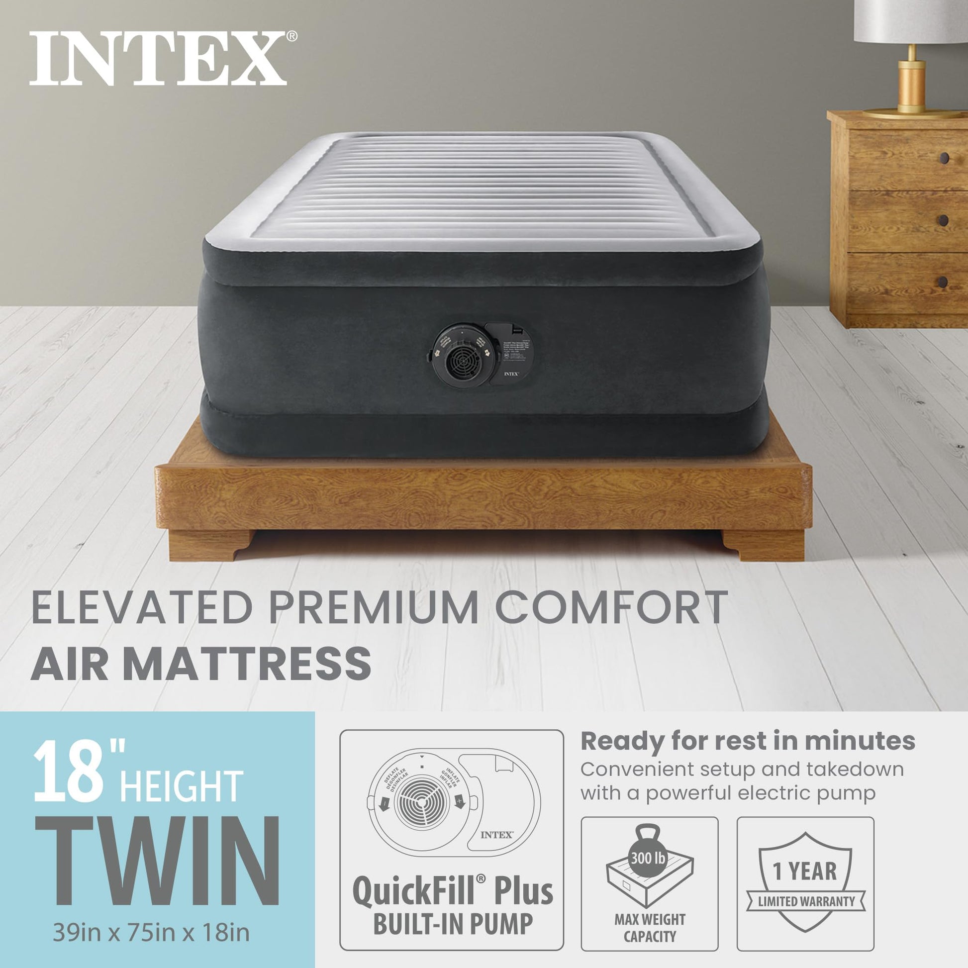 Intex Dura-Beam Deluxe 18" Twin Size Air Mattress with Built-in Pump