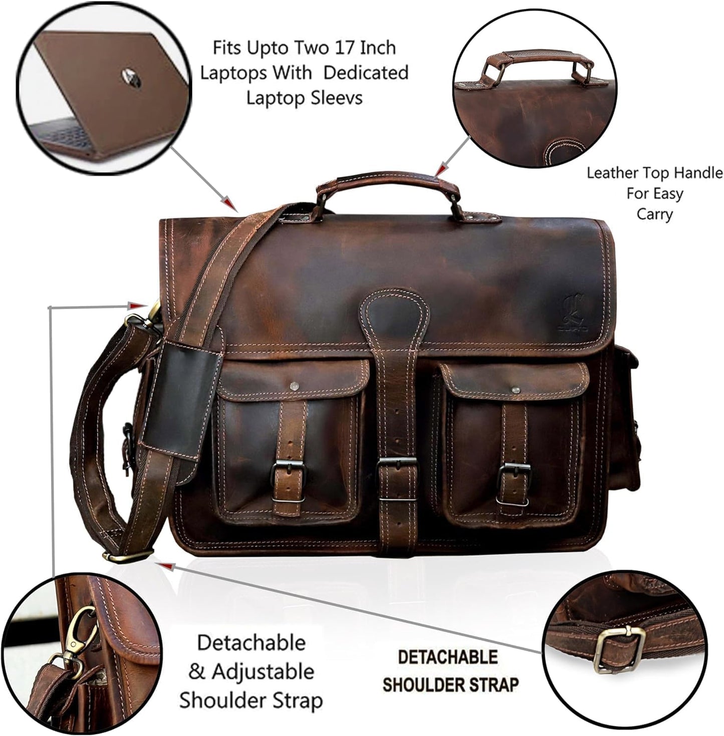 cuero Leather Messenger Bag for Men, 16 Inch Laptop Crossbody, Vintage Handmade Leather Shoulder Satchel Bag for Men, Full Grain Business Briefcase for Office/Work/Travel - Brown