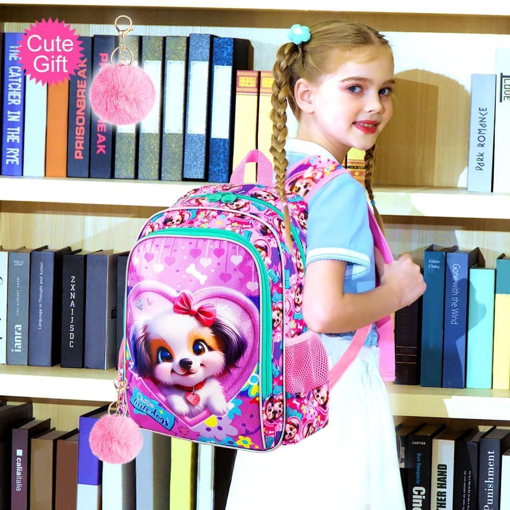 3PCS Girls Backpack, Kids Water Resistant Heart Bookbag Set with Lunch Box, Cute Kids School Bag for Preschool Toddler
