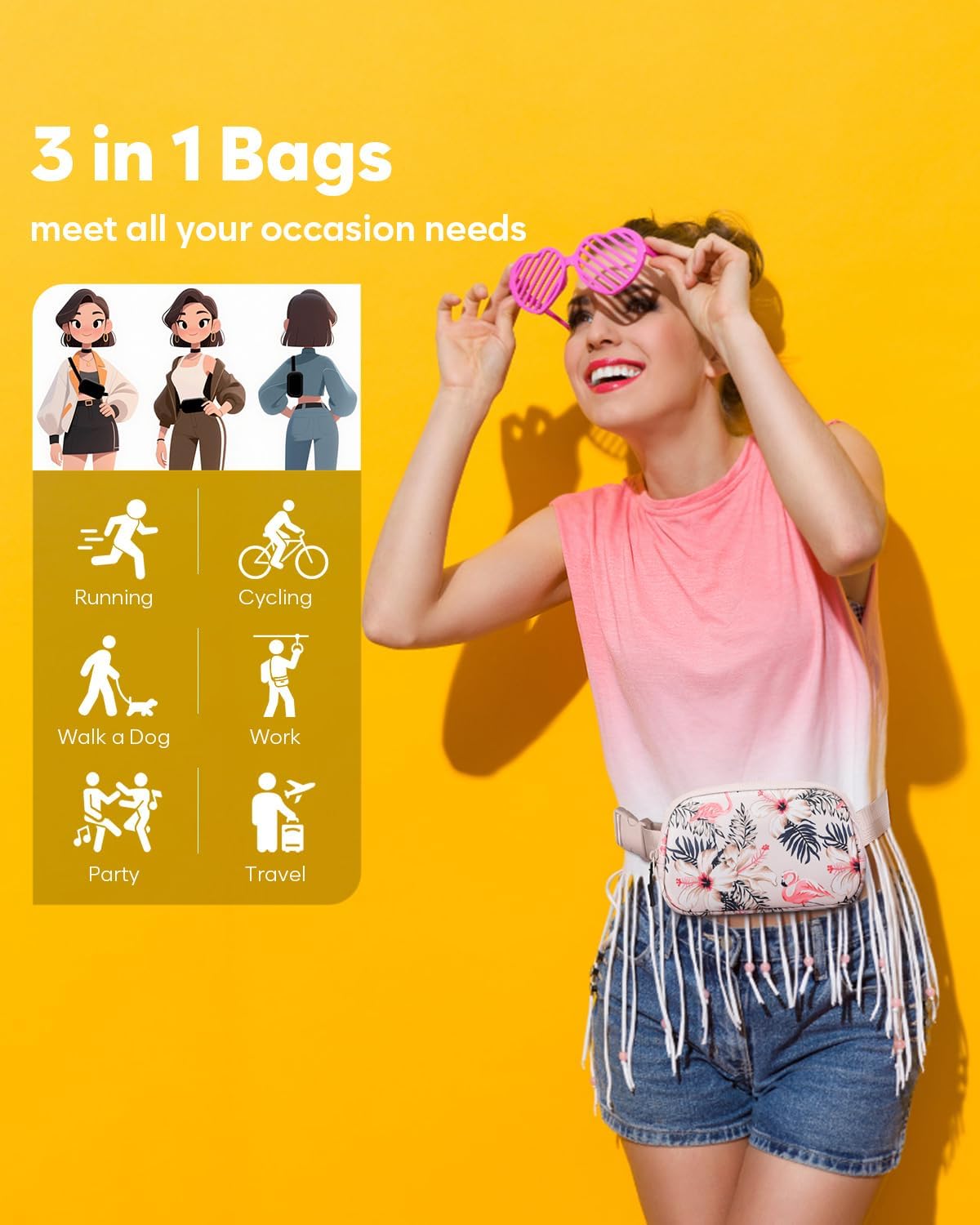 Fanny Packs for Women Cross Body Bag Waterproof Belt Bag with Adjustable Strap and Zipper Back Pocket Small Crossbody Bags Fashion Waist Packs for Workout Travelling(Flamingo Print)