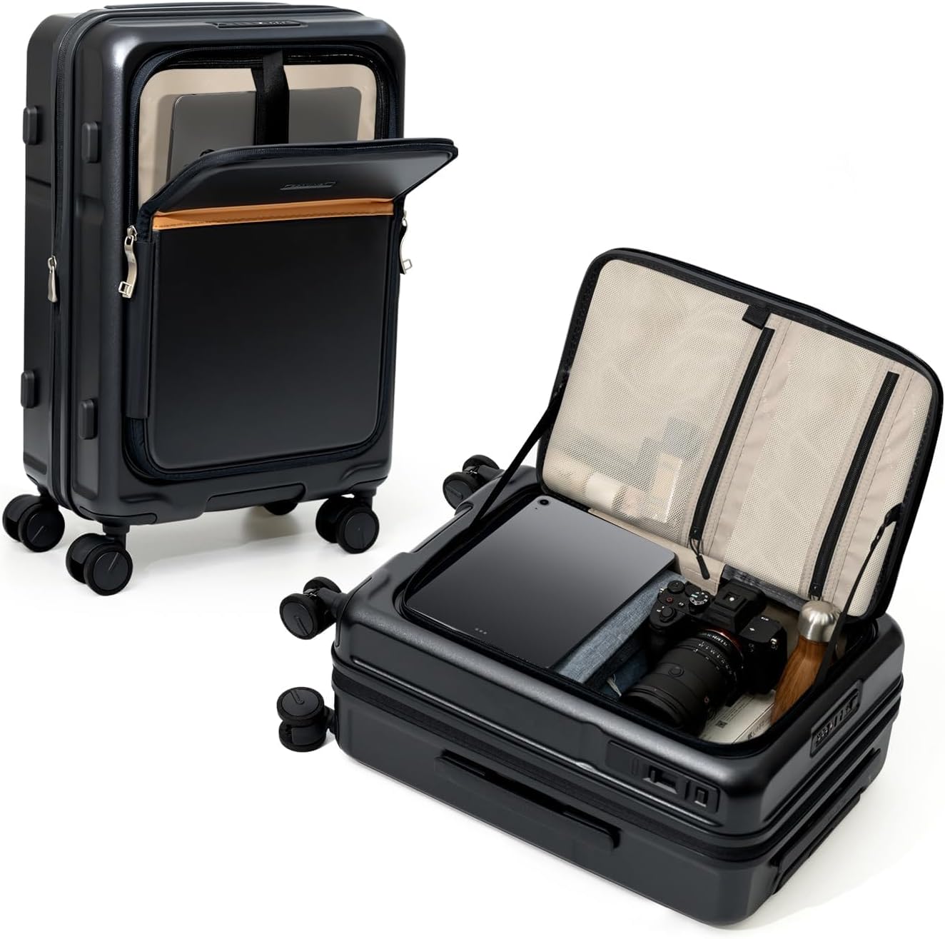 ROAMING Expandable 20 Inch Carry On Luggage with Mute Brake Wheels Airline Approved Hard Shell Suitcases with Front Pocket Top Opening Luggage with TSA Lock for Short Business Travel, Black