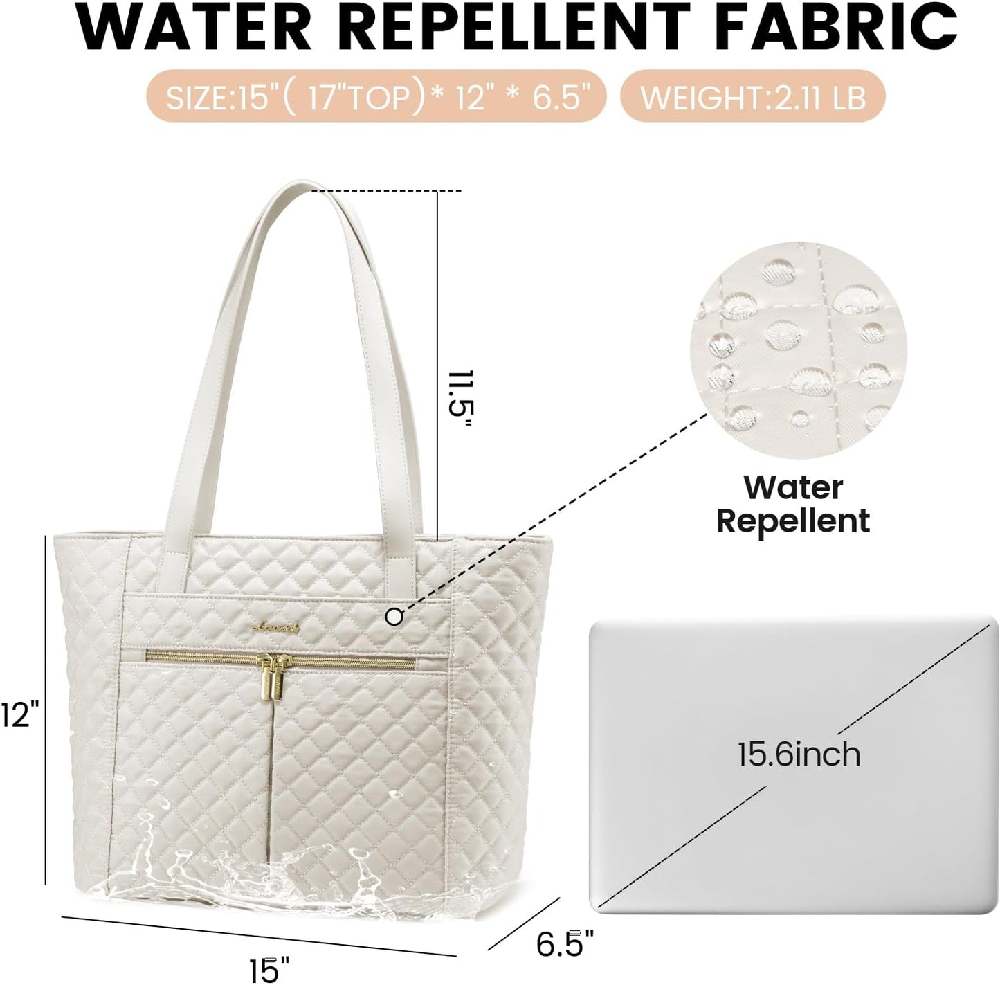 LOVEVOOK Laptop Bag for Women 15.6 inch,Diamond Quilted Work Women Laptops Tote Computer Shoulder Bag,Stylish Travel Tote Bags Purse Briefcase Case Handbag with Clutch Bags,Off-white