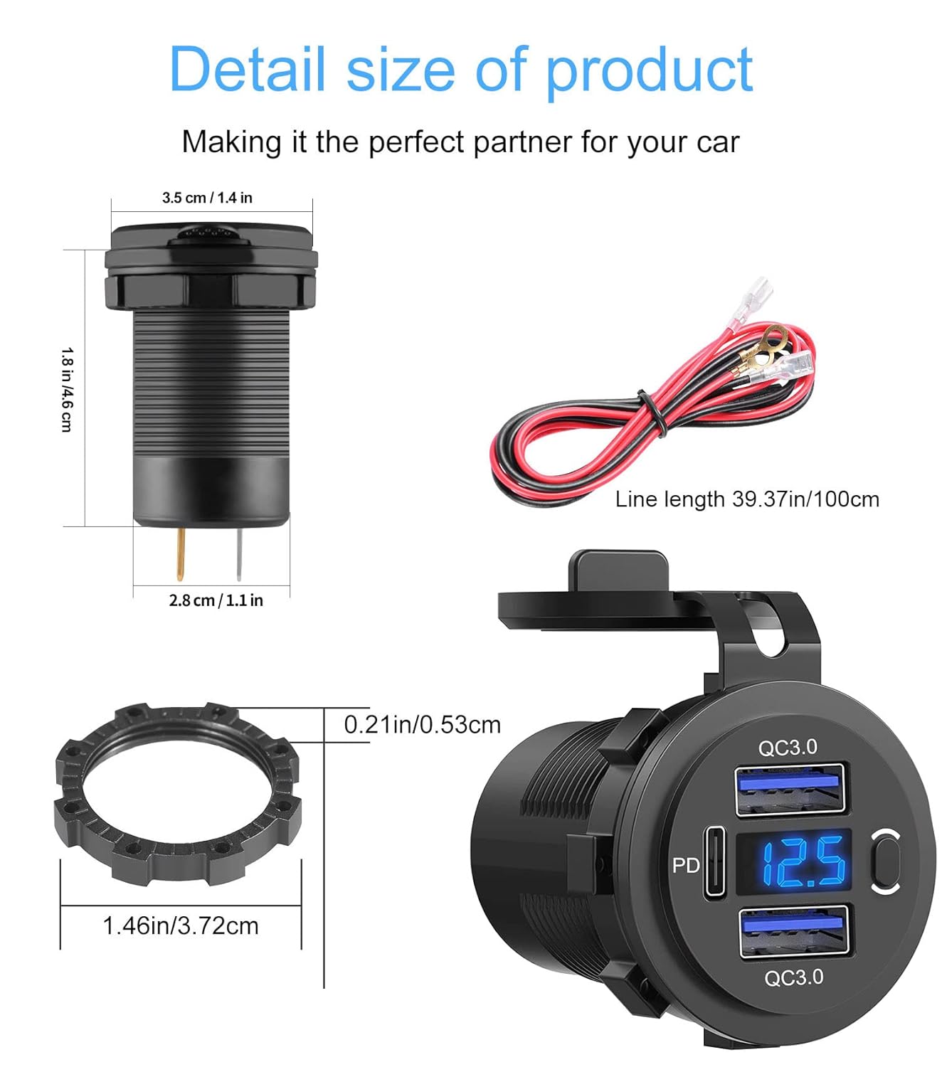 12V USB Outlet, Dual USB Quick Charge 3.0 Port & PD USB C Car Charger Socket with Voltmeter and Power Switch for Car Boat Marine Truck 2 Pack