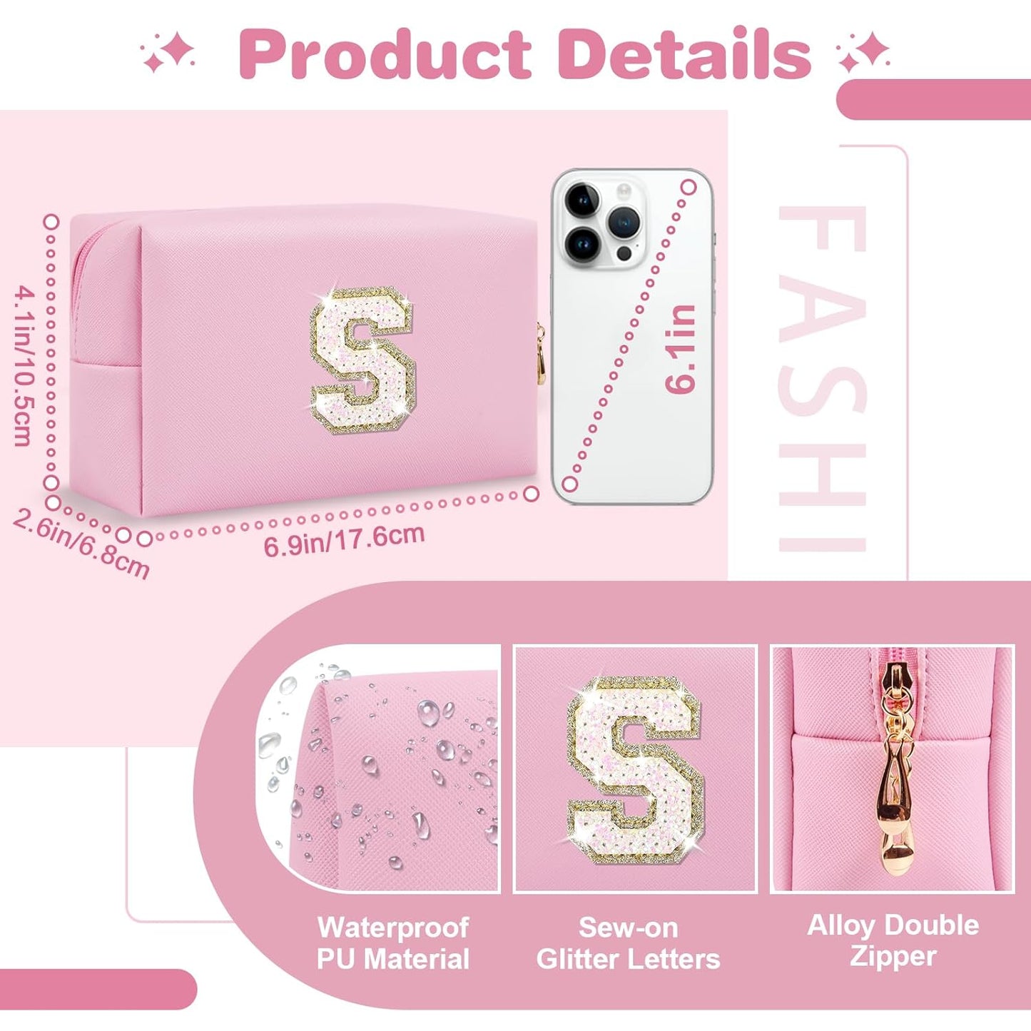 Small Personalized Initial A-Z Patch Makeup Bag,Pink Cute PU Leather Glitter Letter Cosmetic Bag for Teen Girls,Travel Toiletry Bag with Zipper,Preppy Monogrammed Birthday Gift for Daughter Niece S
