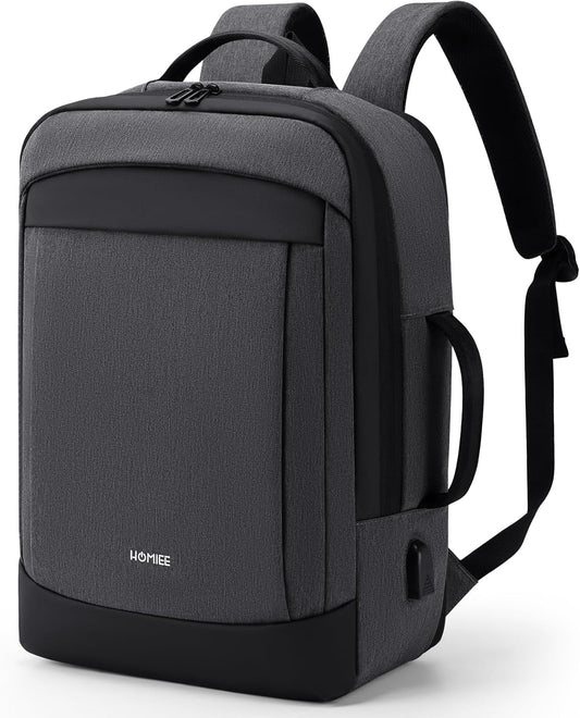HOMIEE 30L Travel Laptop Backpack for Men Women, 15.6 Inch Expandable Backpack with USB Charging Port, Water Resistant Business Work College Bag, Grey
