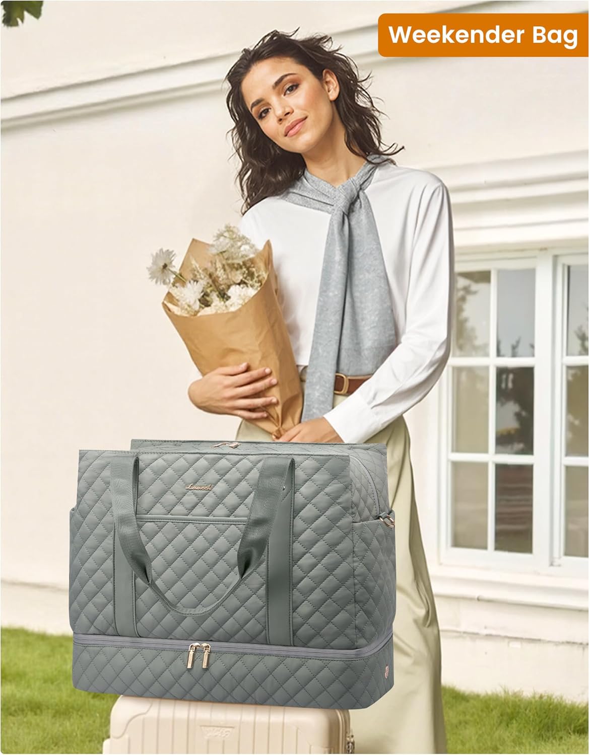 LOVEVOOK Large Travel Duffle Bag for Women, 45L Weekender Bags with Shoe Compartment & Wet Pocket, Quilted Carry On Personal Item Bag, Overnight Hospital Bags for Labor Delivery Green