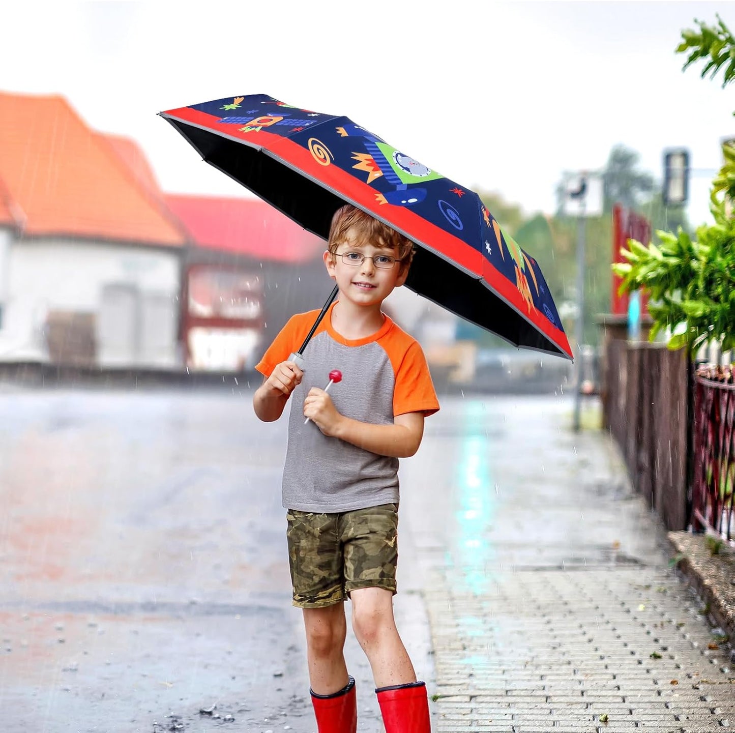 Kids Folding Umbrella Auto Open/Close Anti-rebound Safe Design UV Resistant Automatic Children Travel Umbrellas 8 Rib Reinforced Canopy 360° Reflective Strip Lightweight Cute Umbrella for Girls & Boys