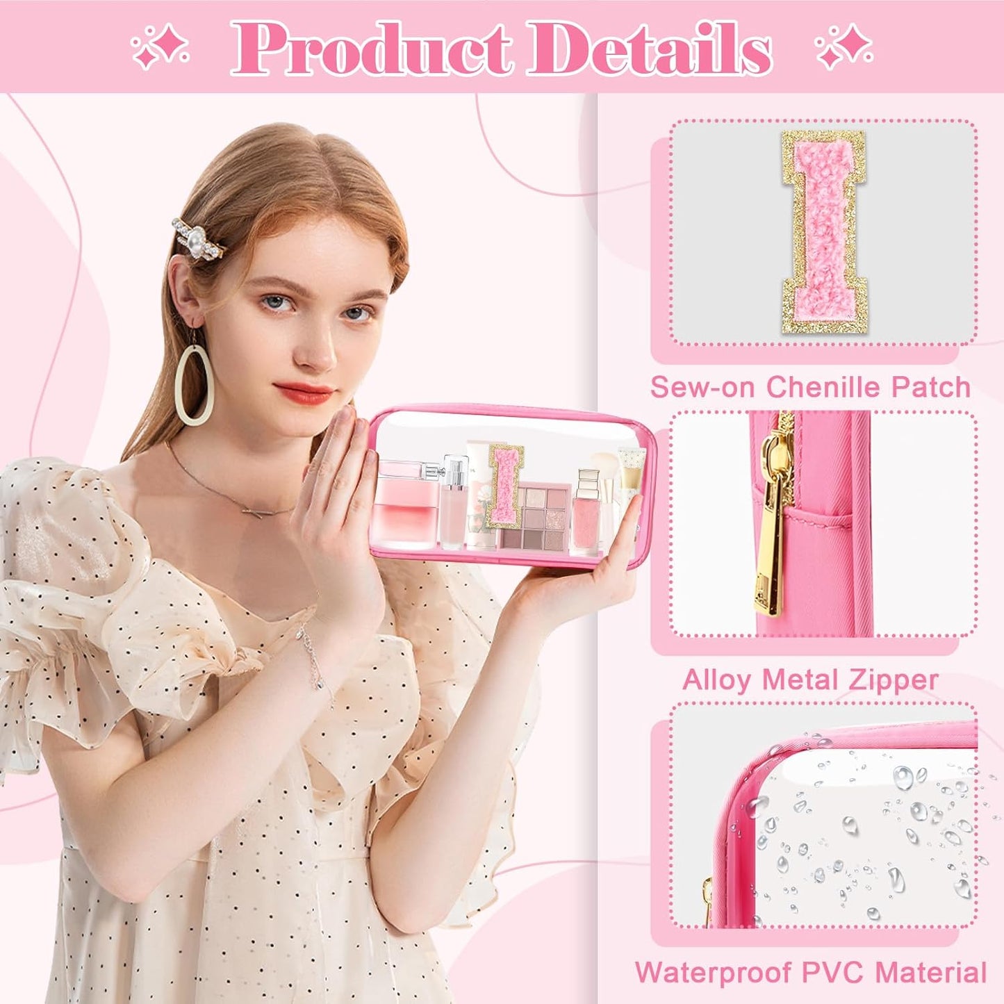 Personalized Initial Letter Clear Makeup Bag,Preppy Small Nylon&PVC Cosmetic Zipper Bag with Chenille Letter,Portable Beach Travel Skincare Toiletry Bag,Trendy Monogram Gift for Teen Girls Women,I
