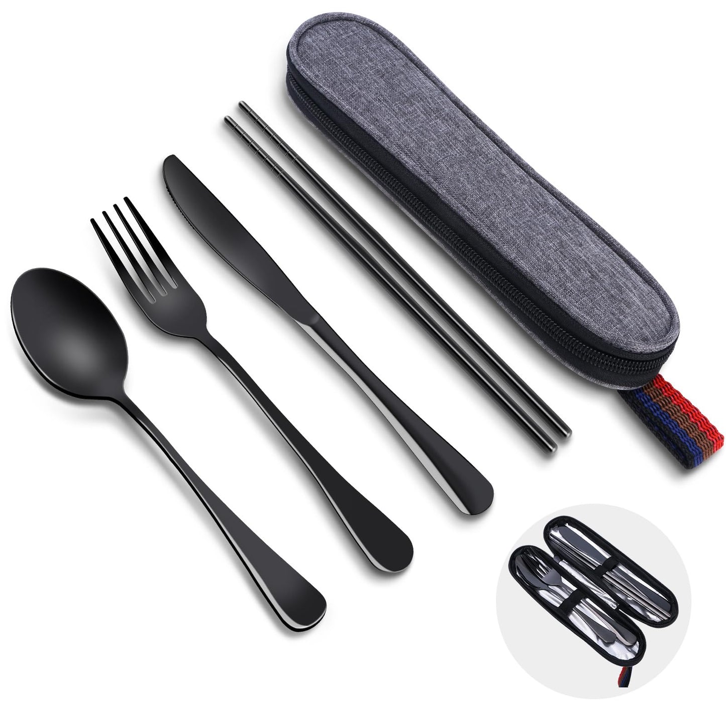 GuoluvSoo 5 Piece Travel Utensils Set With Case, Stainless Steel, Black