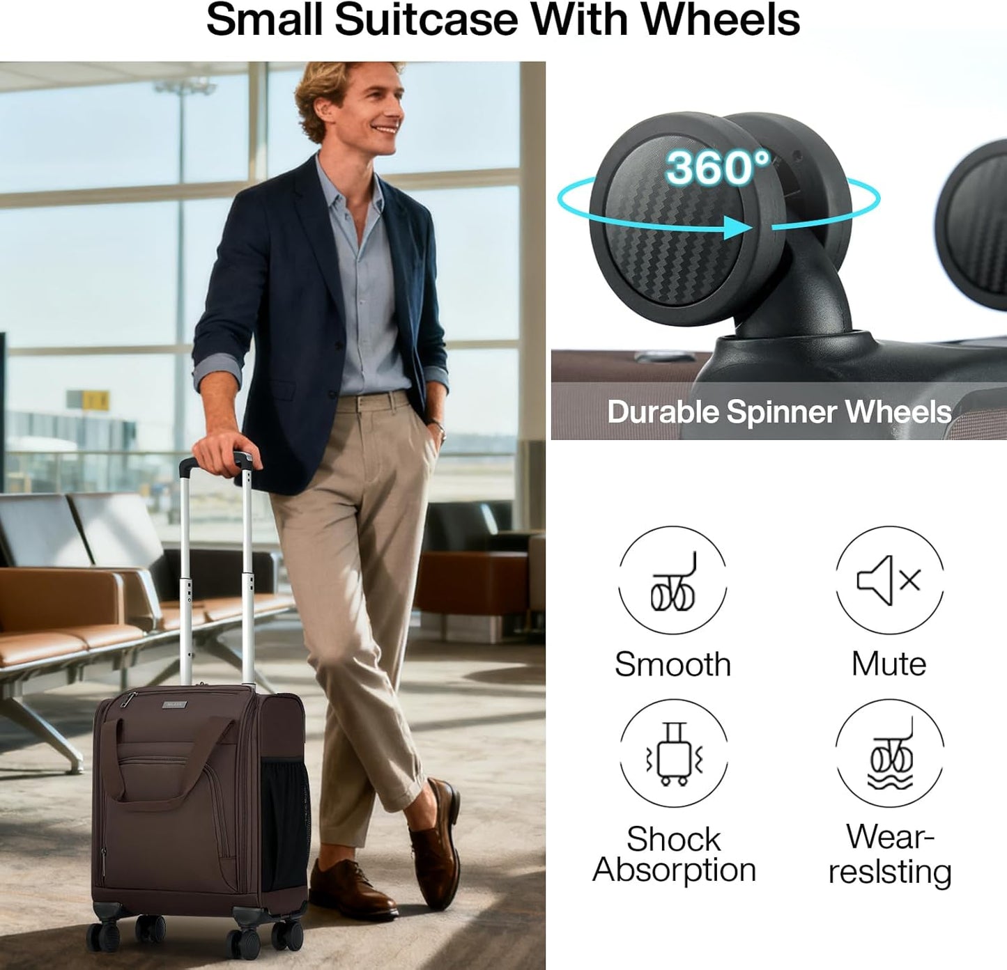MILADA Carry On Luggage Airline Approved 16 Inch Underseat Small Suitcases with Wheels Softside Travel Luggage Personal Item Overnight Bag Business Mini Suitcase for Women and Men, Coffee