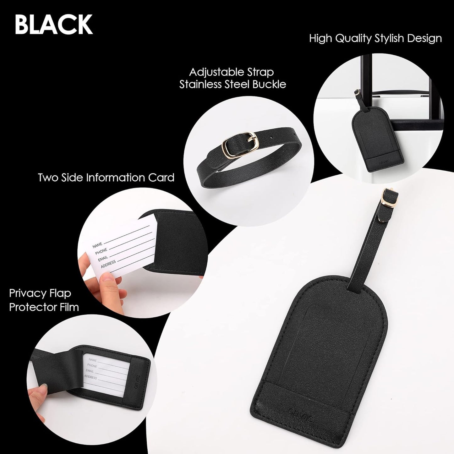Faux Leather Luggage Tags for Suitcase Tag Set Privacy Protection with Identifie Name Lable ID Card Baggage tag for Men Women Travel Accessories, 2/4 Pack (LT06-Black)