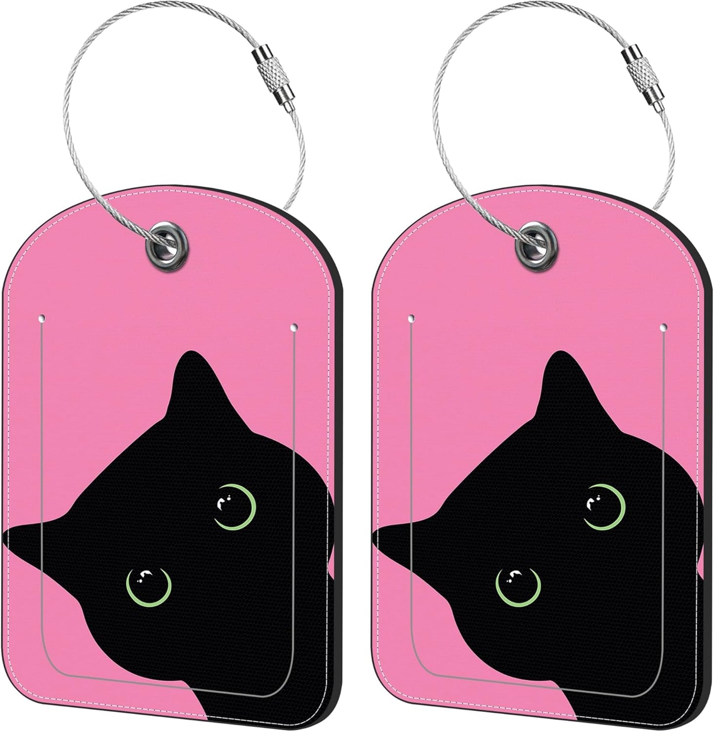 2 Pack Cute Luggage Tag for Suitcases Cute Cat Leather Luggage Tags with Stainless Steel Loop Privacy Flap Name Tags,Men and Women Travel Bag Suitcase Tags