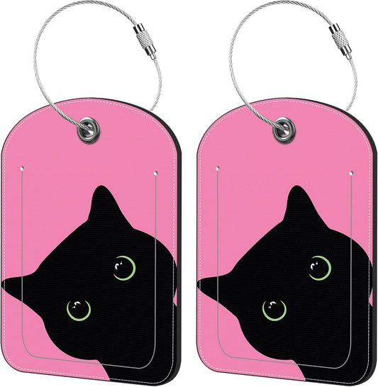 2 Pack Cute Luggage Tag for Suitcases Cute Cat Leather Luggage Tags with Stainless Steel Loop Privacy Flap Name Tags,Men and Women Travel Bag Suitcase Tags