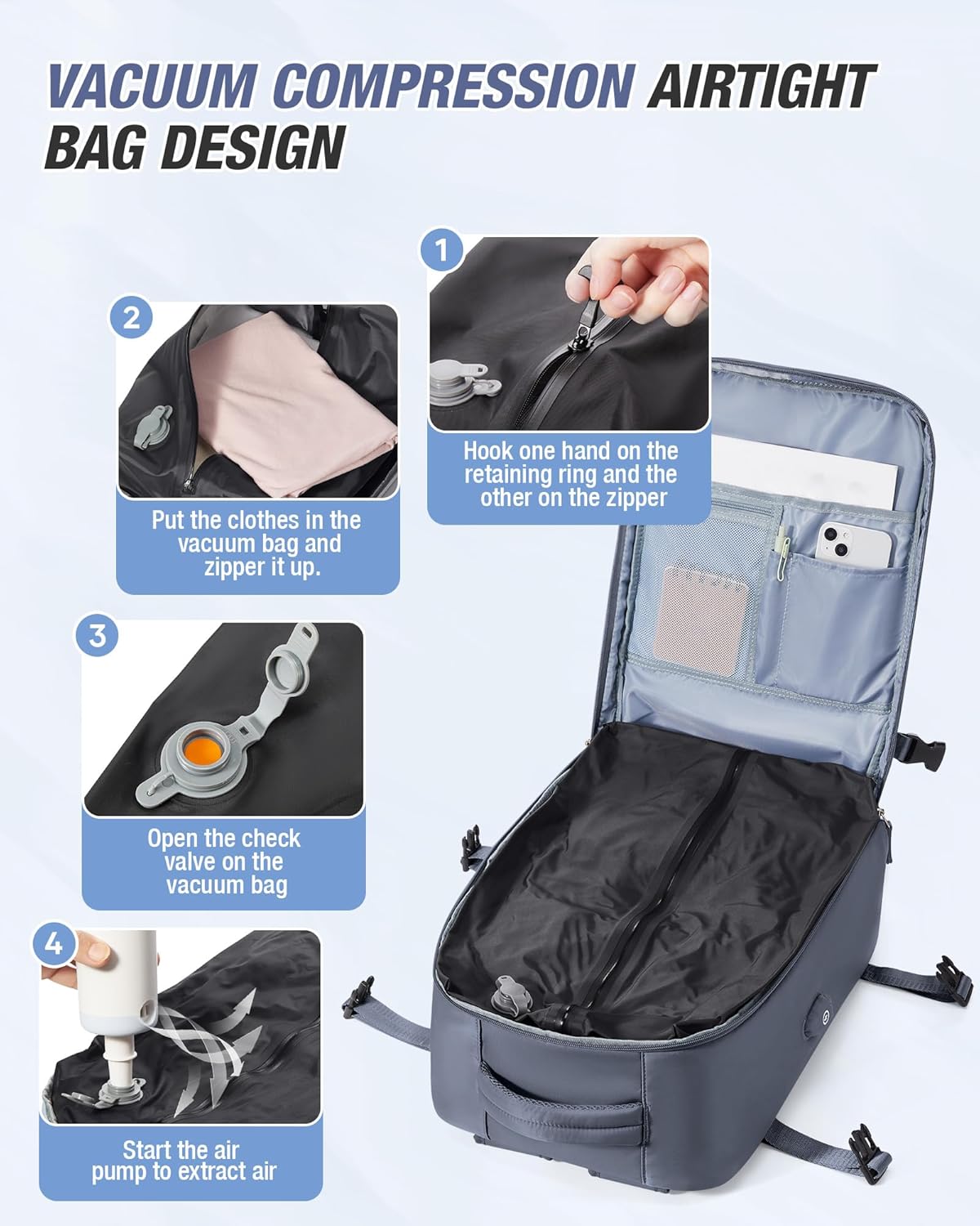 Vacuum Backpack Travel with Pump,Vacuum Seal Backpack Travel,Flight Approved 18x14x8, Work Business Vacpack Laptop Backpack for Women Men,Grey blue