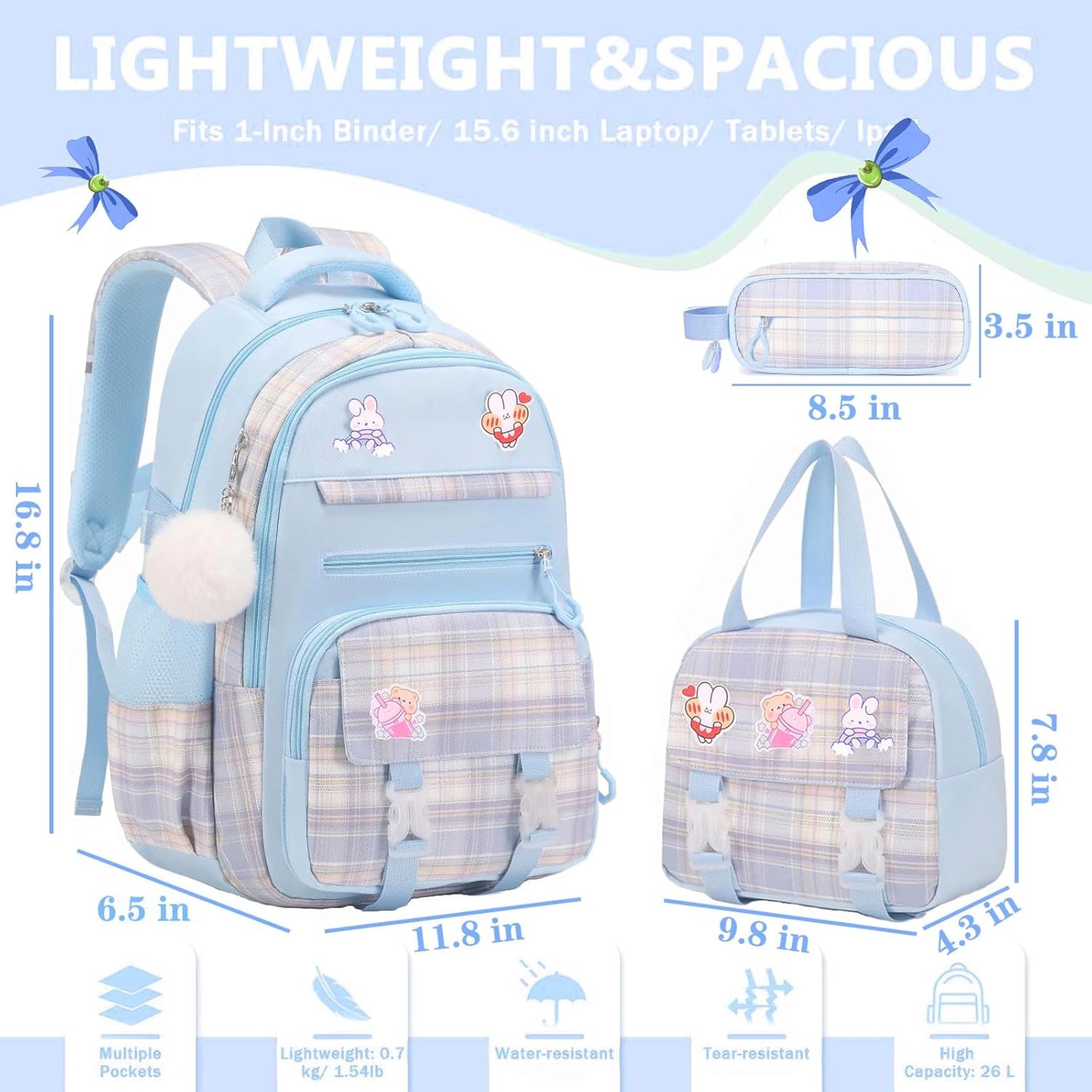 Cute Girls Backpack, 3PCS Cute Kids School Bag, 16.8 Inch Kindergarten Primary Backpack with Lunch Box Pencil Case Set(Blue)