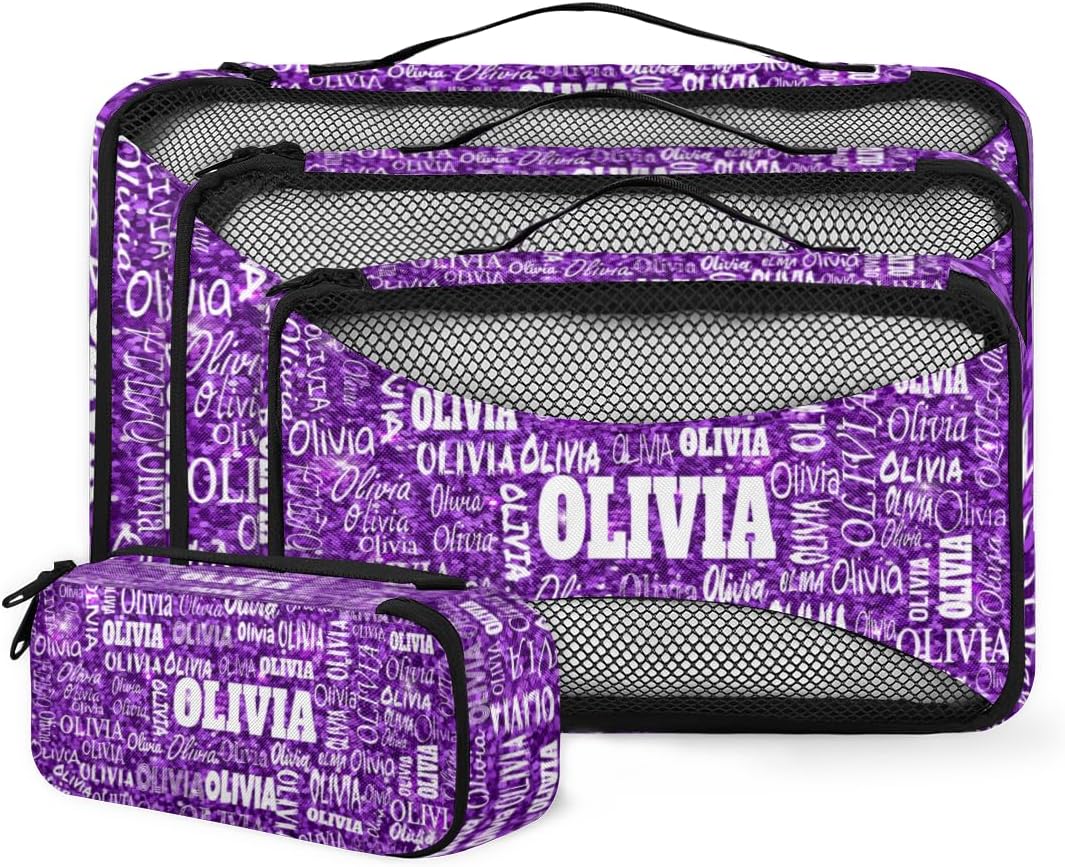 Custom 4 Packing Cubes Set, Lightweight Mesh Travel Luggage Organizers for Travel, 4 Pieces Suitcase Storage Bags, Purple Sequins with Names
