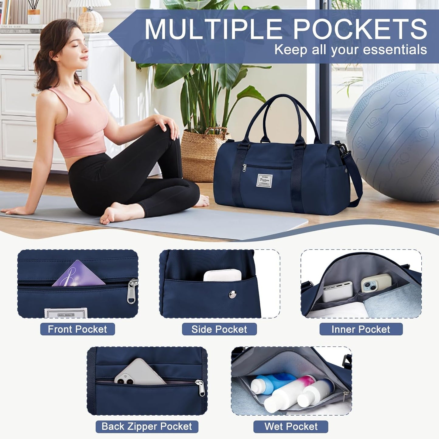 Gym Bag for Women Men with Shoes Compartment,Sports Duffle Bag Personal item travel Duffel Bags Tote Bag Small Carry on Weekender Overnight Bag Workout Dance Bag Hospital Holdalls Dark Blue